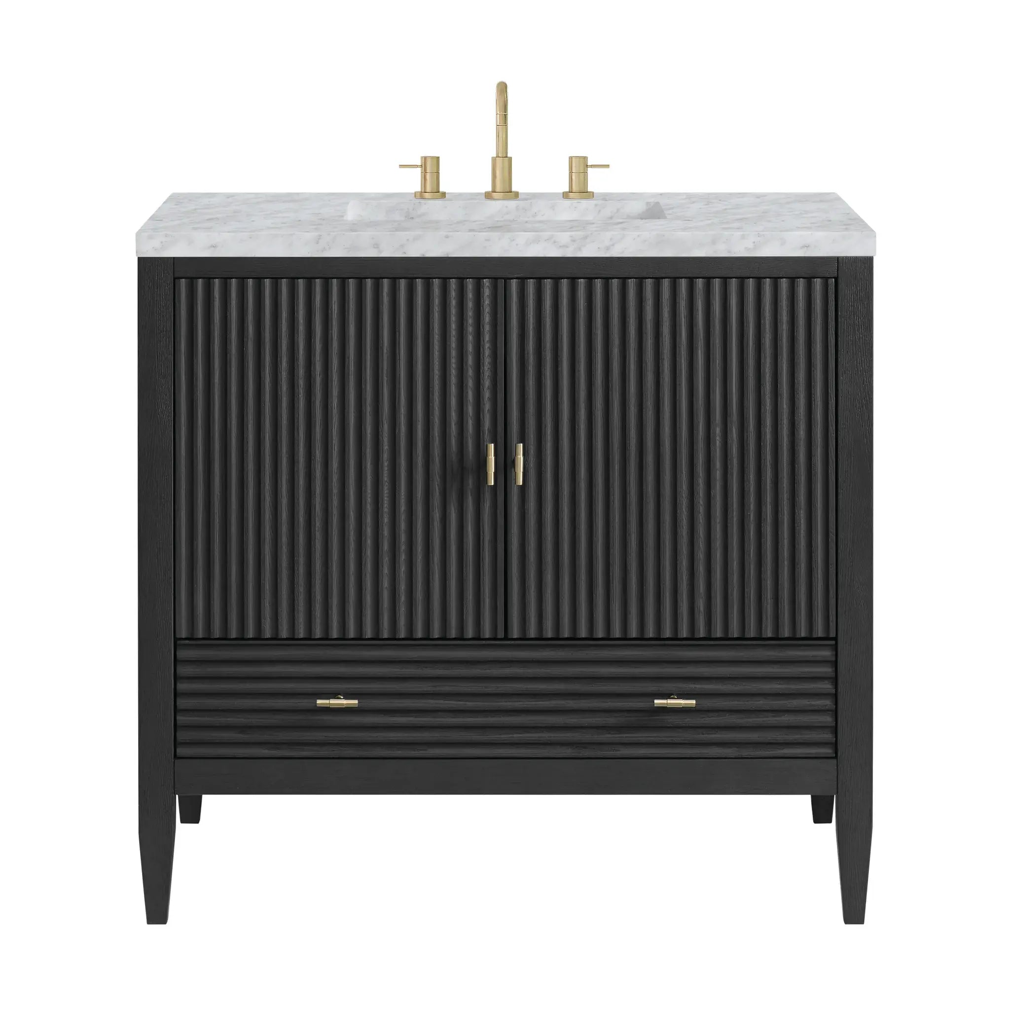 36" Myrrin Vanity in Carbon Oak-Carrara White Marble-8" Widespread image