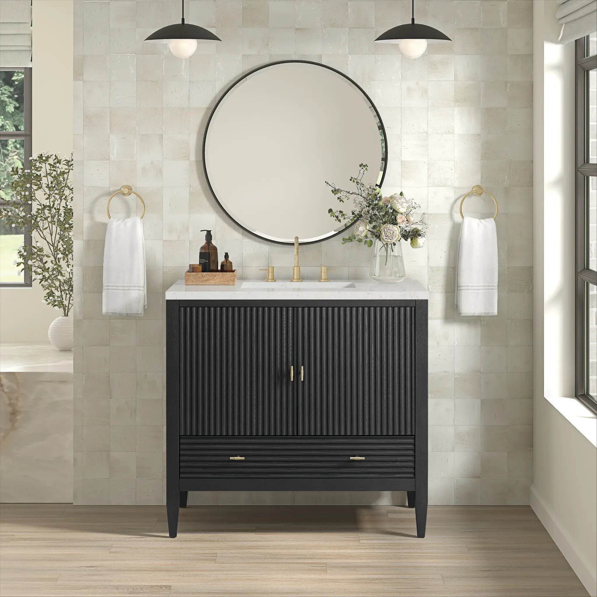 36" Myrrin Vanity in Carbon Oak-Lime Delight Silestone-8" Widespread image 2
