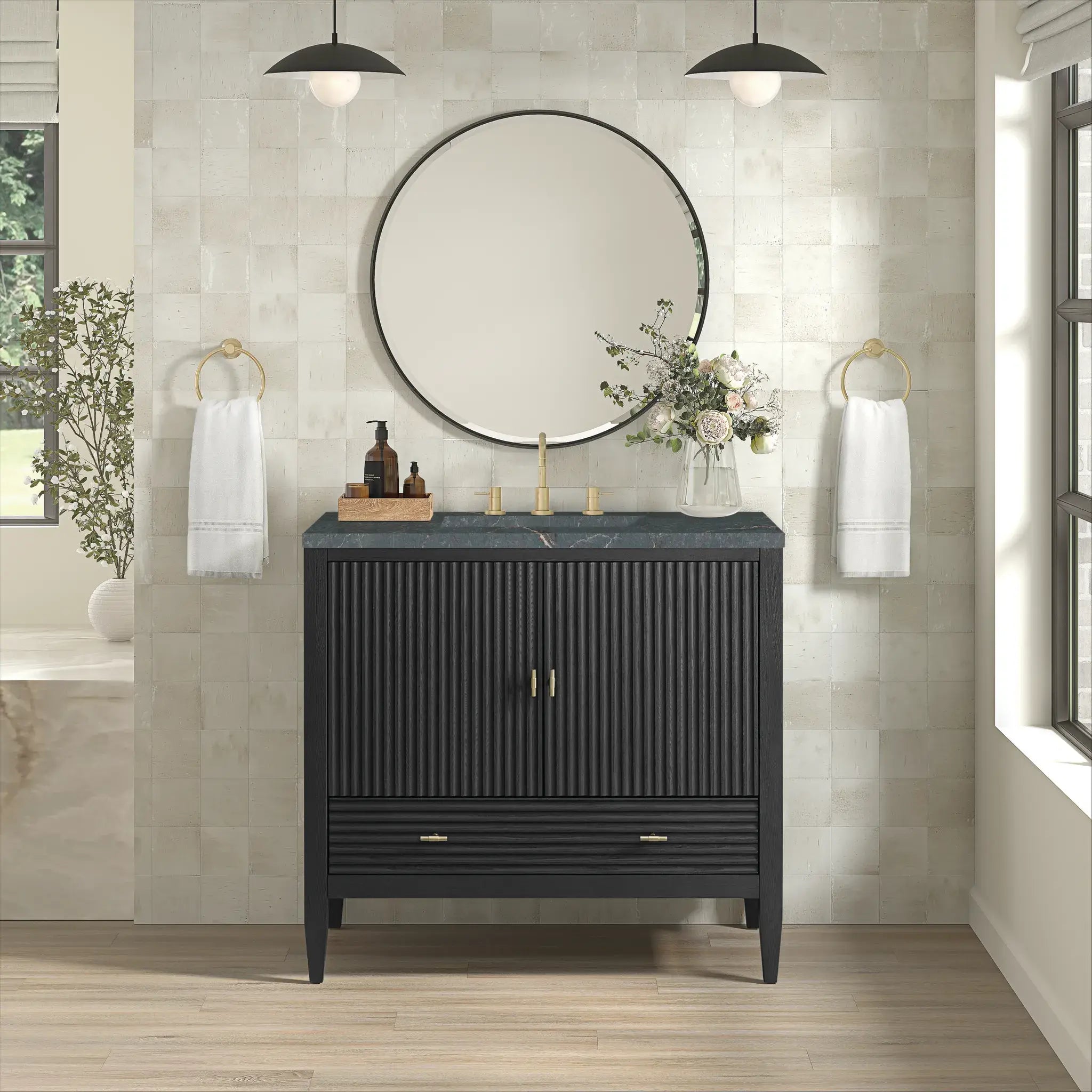 36" Myrrin Vanity in Carbon Oak-Parisien Bleu Silestone-8" Widespread image 2