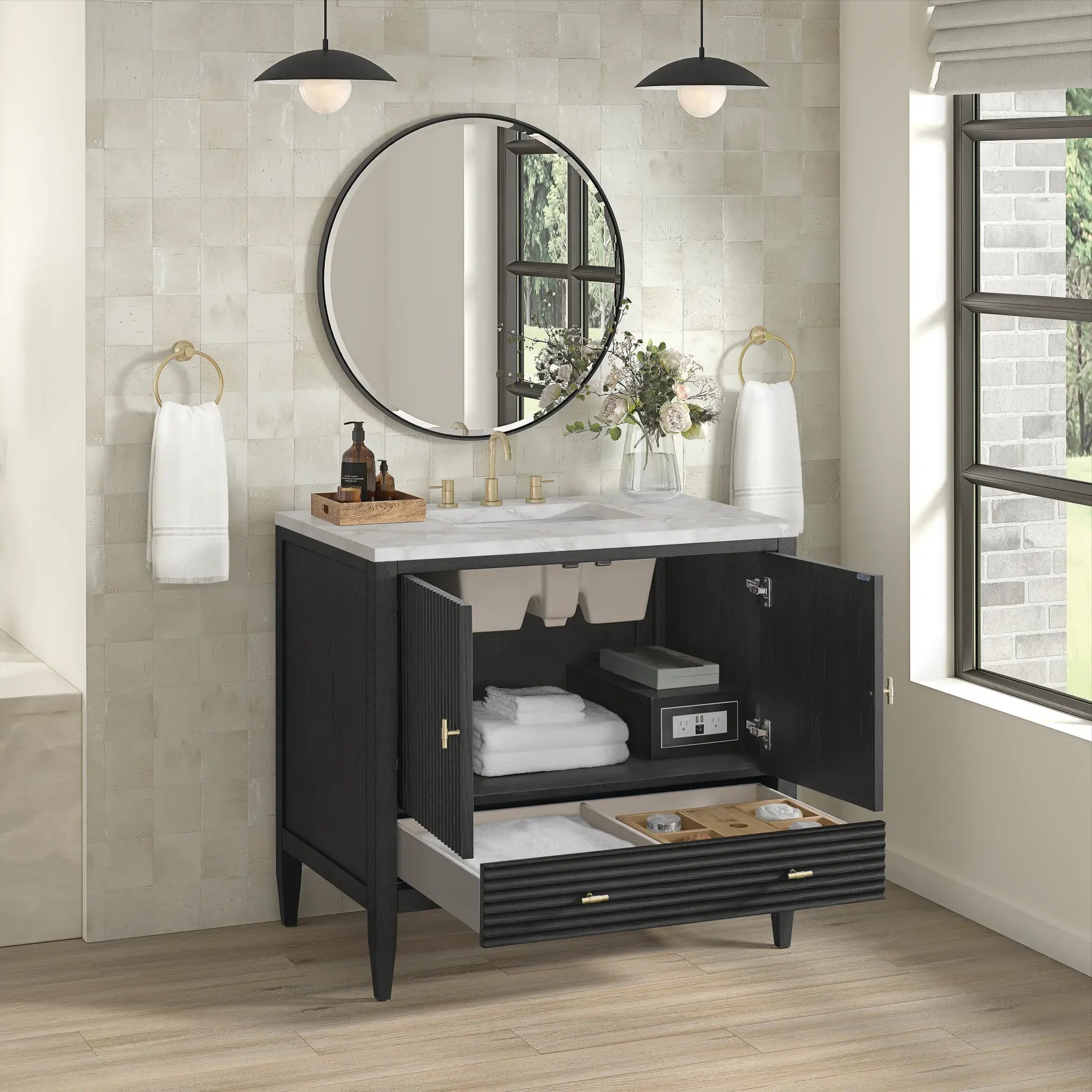 36" Myrrin Vanity in Carbon Oak-Victorian Silver Silestone-8" Widespread image 4
