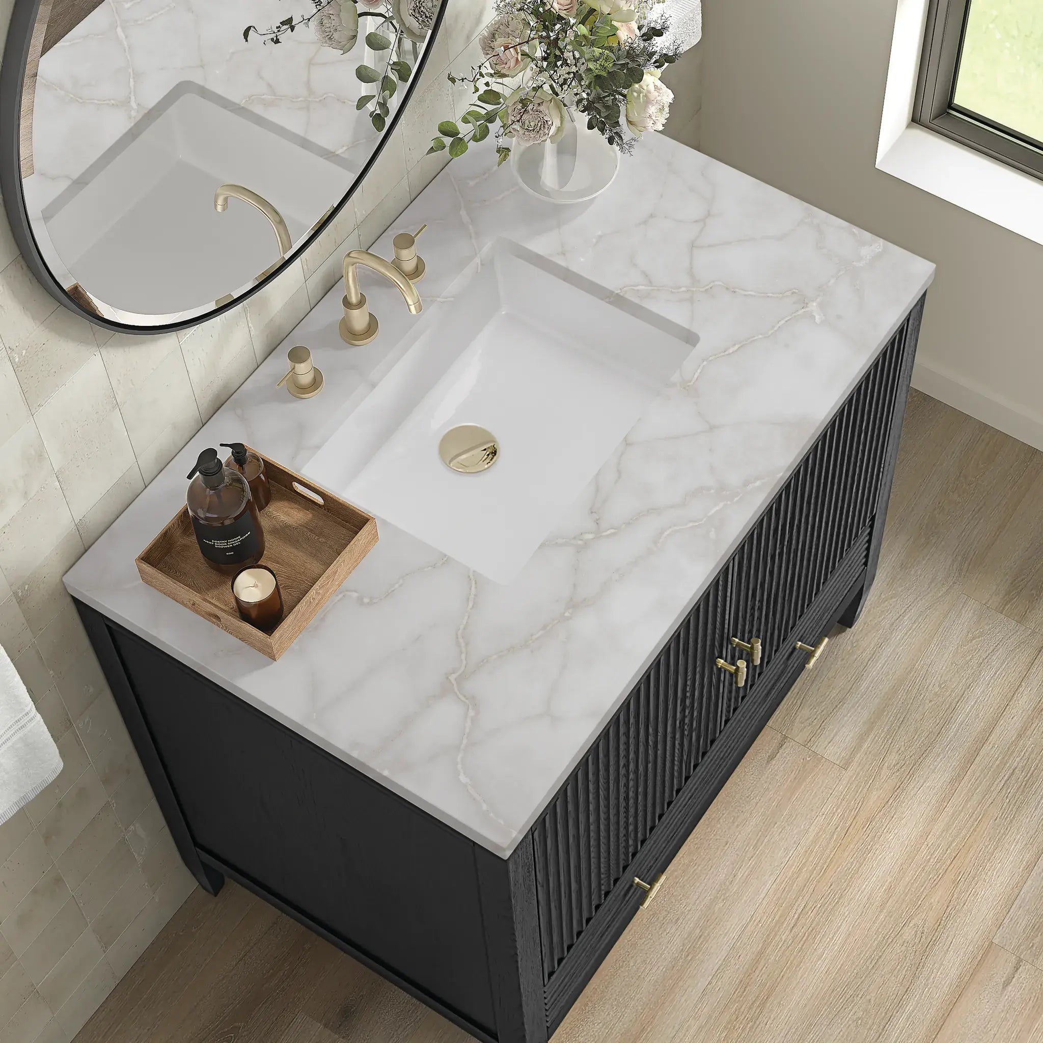 36" Myrrin Vanity in Carbon Oak-Victorian Silver Silestone-8" Widespread image 6