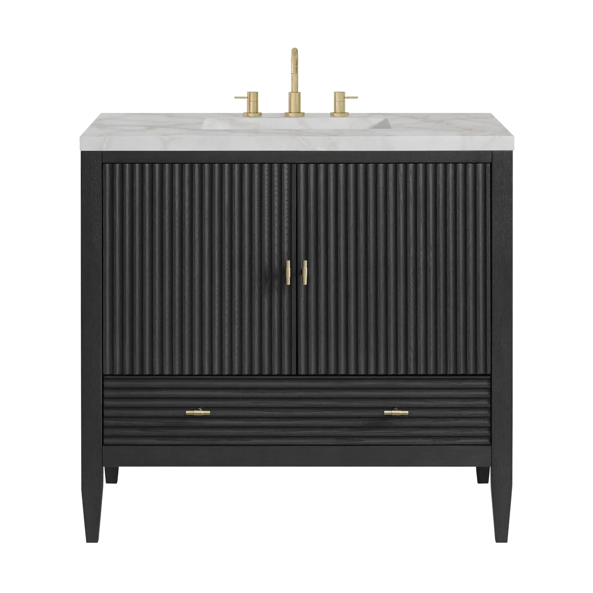 36" Myrrin Vanity in Carbon Oak-Victorian Silver Silestone-8" Widespread image