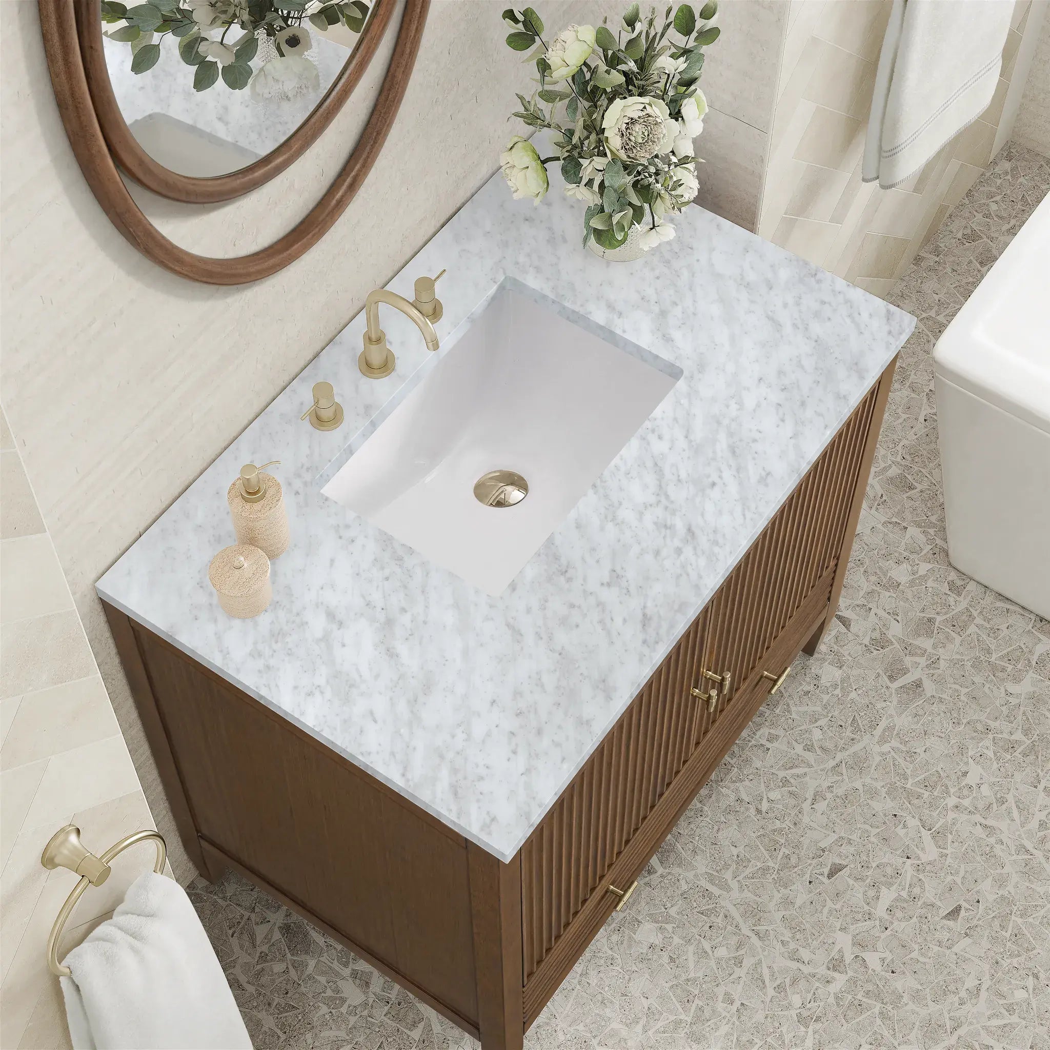 36" Myrrin Vanity in Mid Century Walnut-Carrara White Marble-8" Widespread image 6