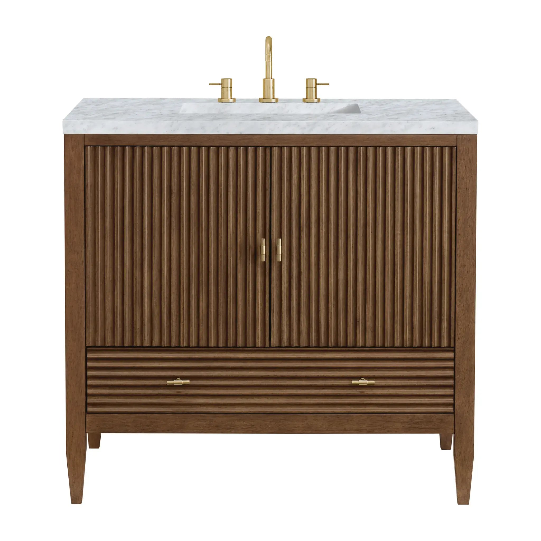 36" Myrrin Vanity in Mid Century Walnut-Carrara White Marble-8" Widespread image