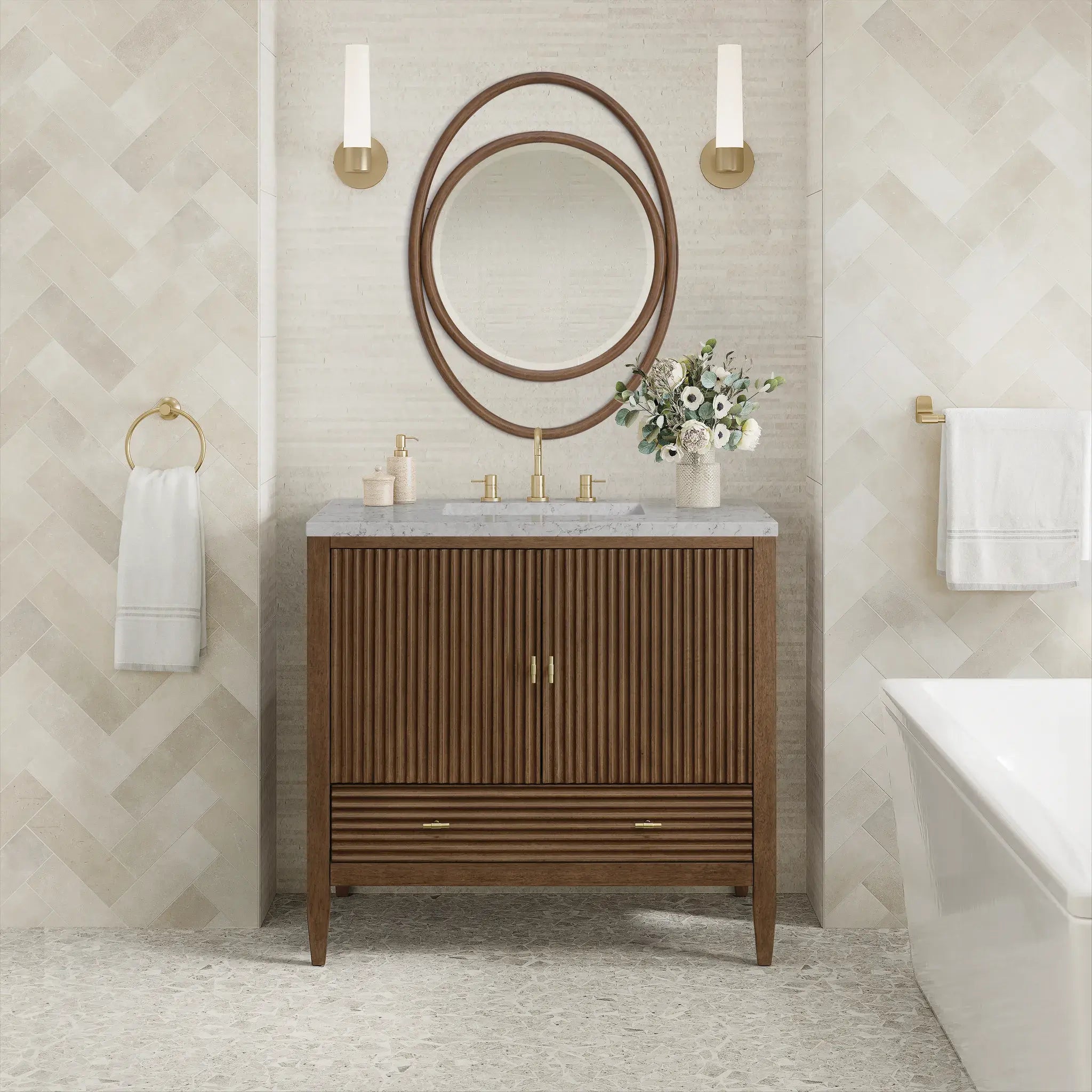 36" Myrrin Vanity in Mid Century Walnut-Eternal Jasmine Pearl Silestone-8" Widespread image 2