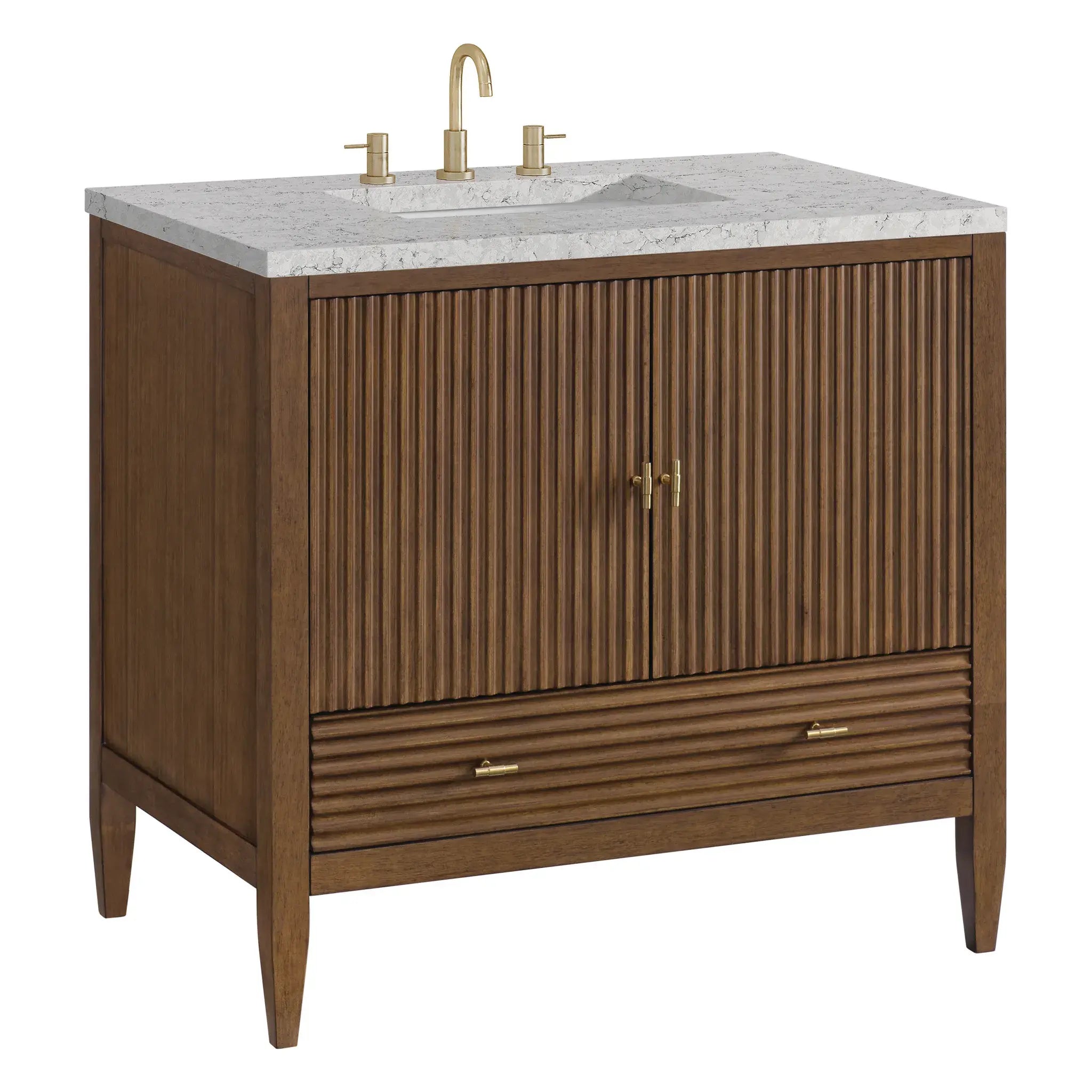 36" Myrrin Vanity in Mid Century Walnut-Eternal Jasmine Pearl Silestone-8" Widespread image 9