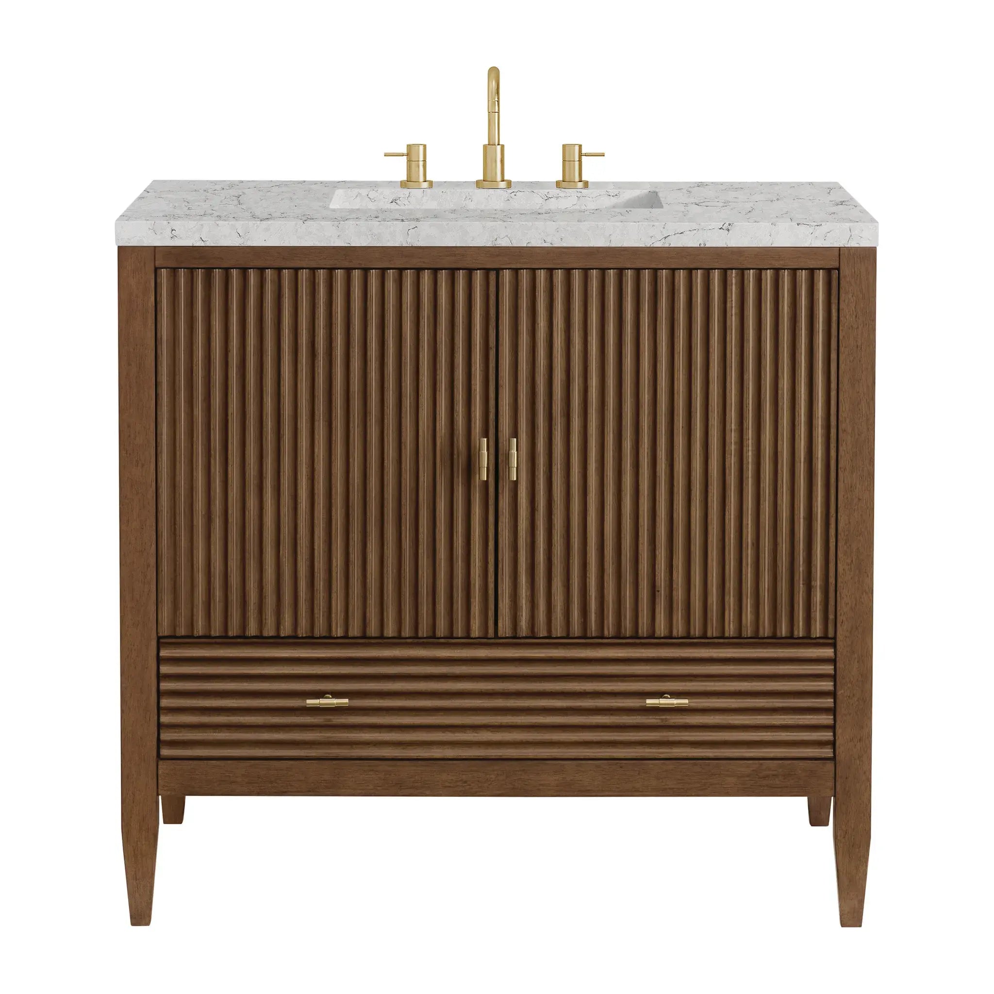 36" Myrrin Vanity in Mid Century Walnut-Eternal Jasmine Pearl Silestone-8" Widespread image
