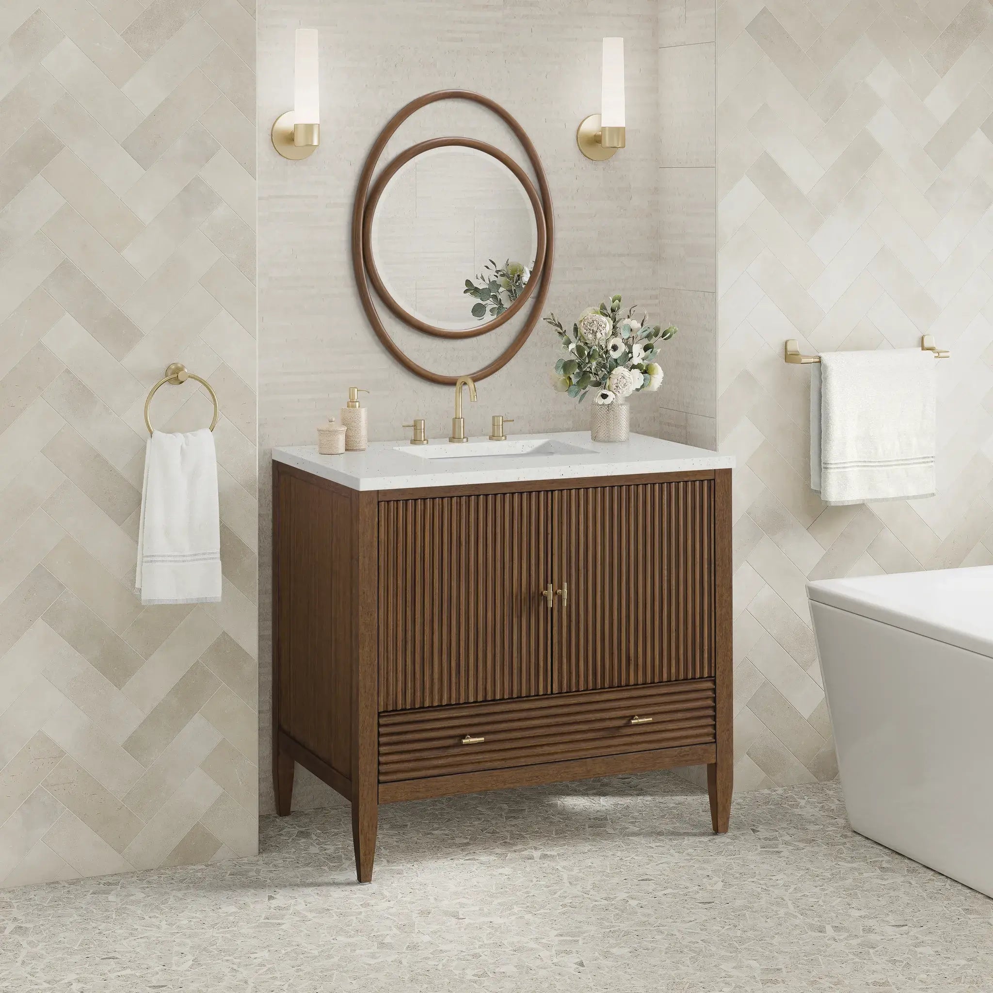 36" Myrrin Vanity in Mid Century Walnut-Lime Delight Silestone-8" Widespread image 3