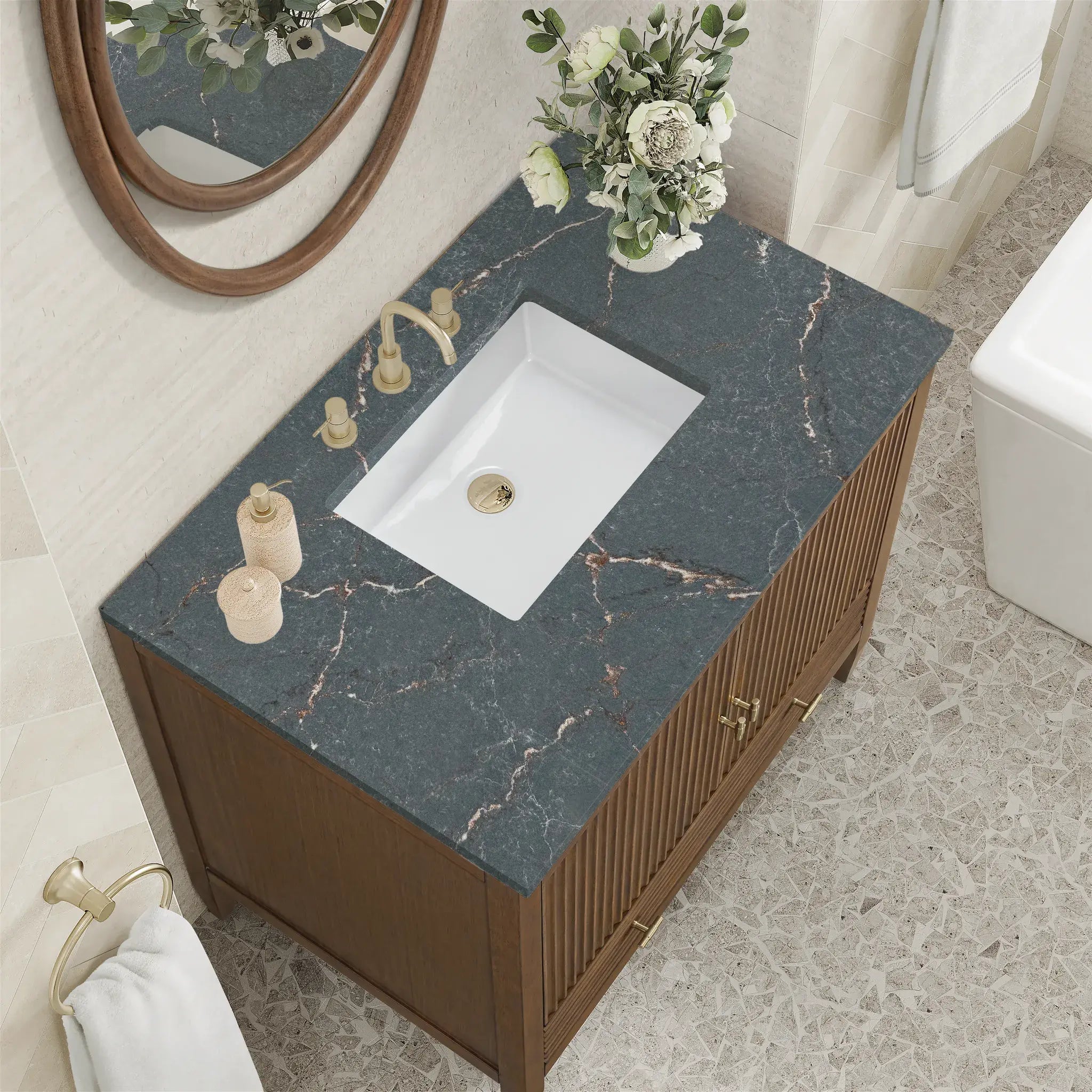 36" Myrrin Vanity in Mid Century Walnut-Parisien Bleu Silestone-8" Widespread image 6