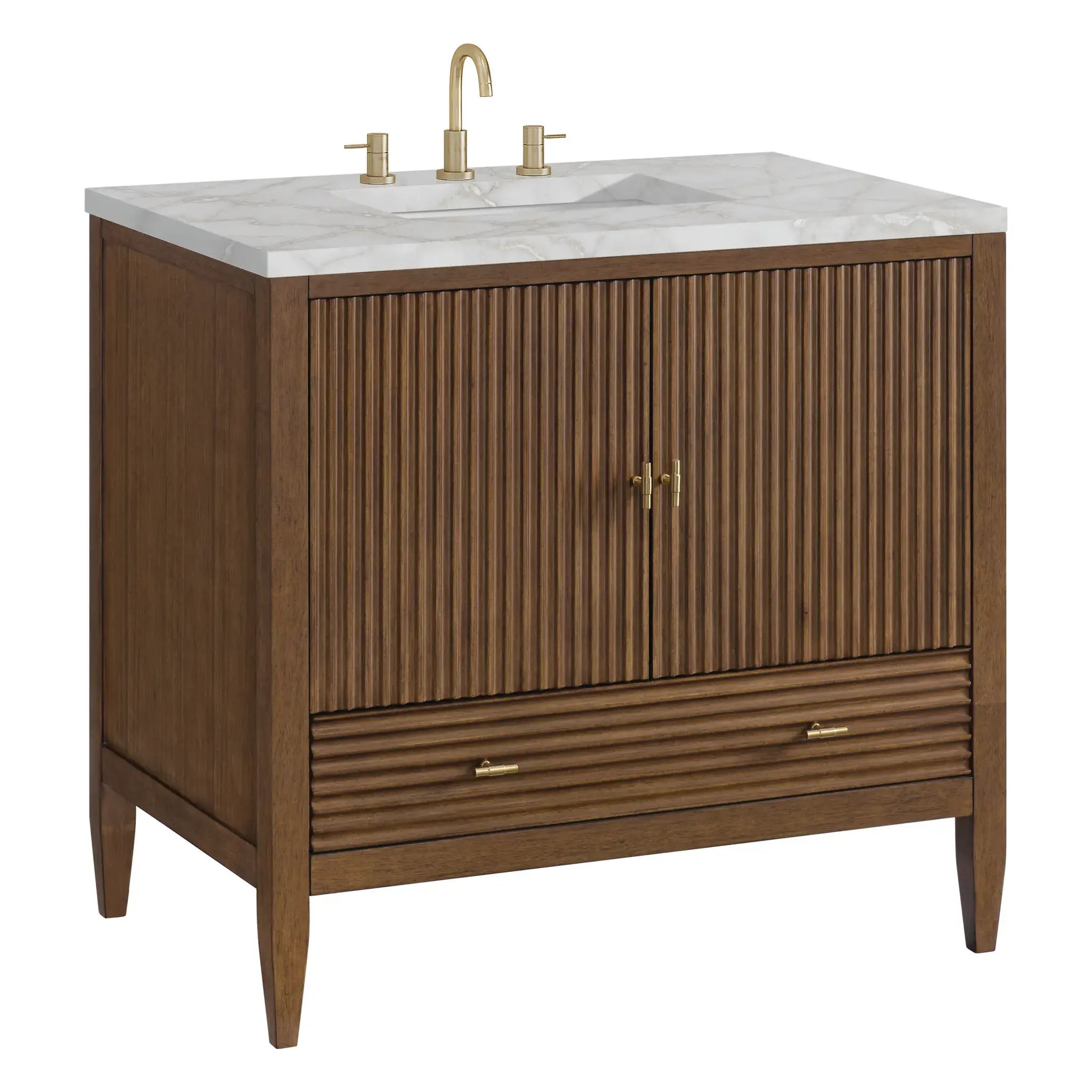 36" Myrrin Vanity in Mid Century Walnut-Victorian Silver Silestone-8" Widespread image 9