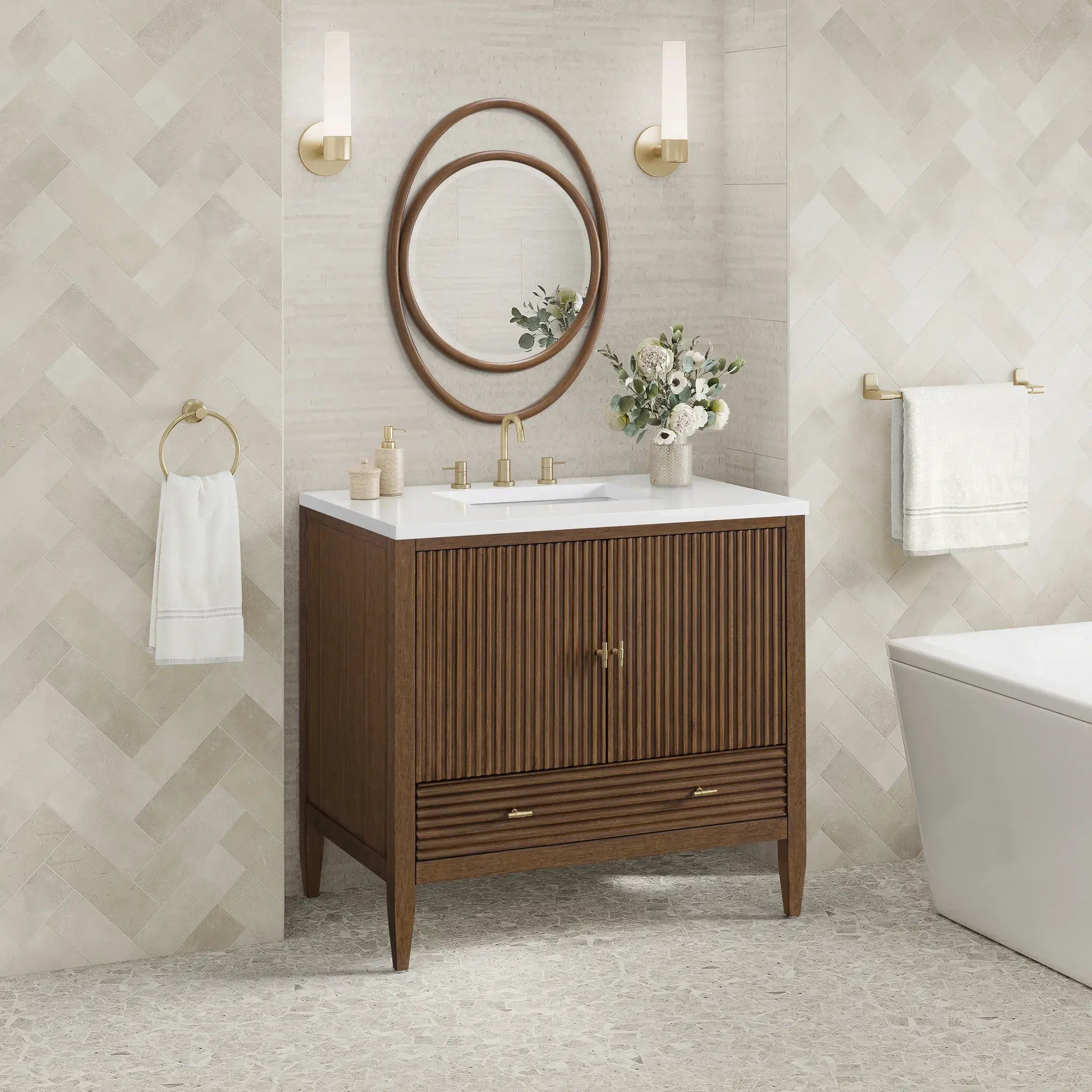 36" Myrrin Vanity in Mid Century Walnut-White Zeus Silestone-8" Widespread image 3