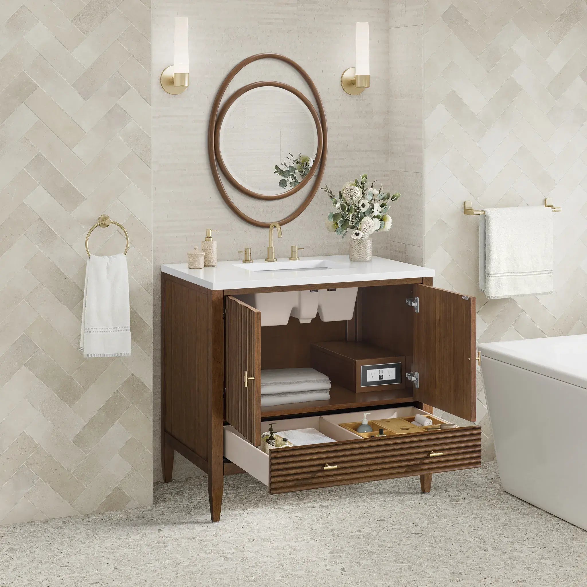 36" Myrrin Vanity in Mid Century Walnut-White Zeus Silestone-8" Widespread image 4