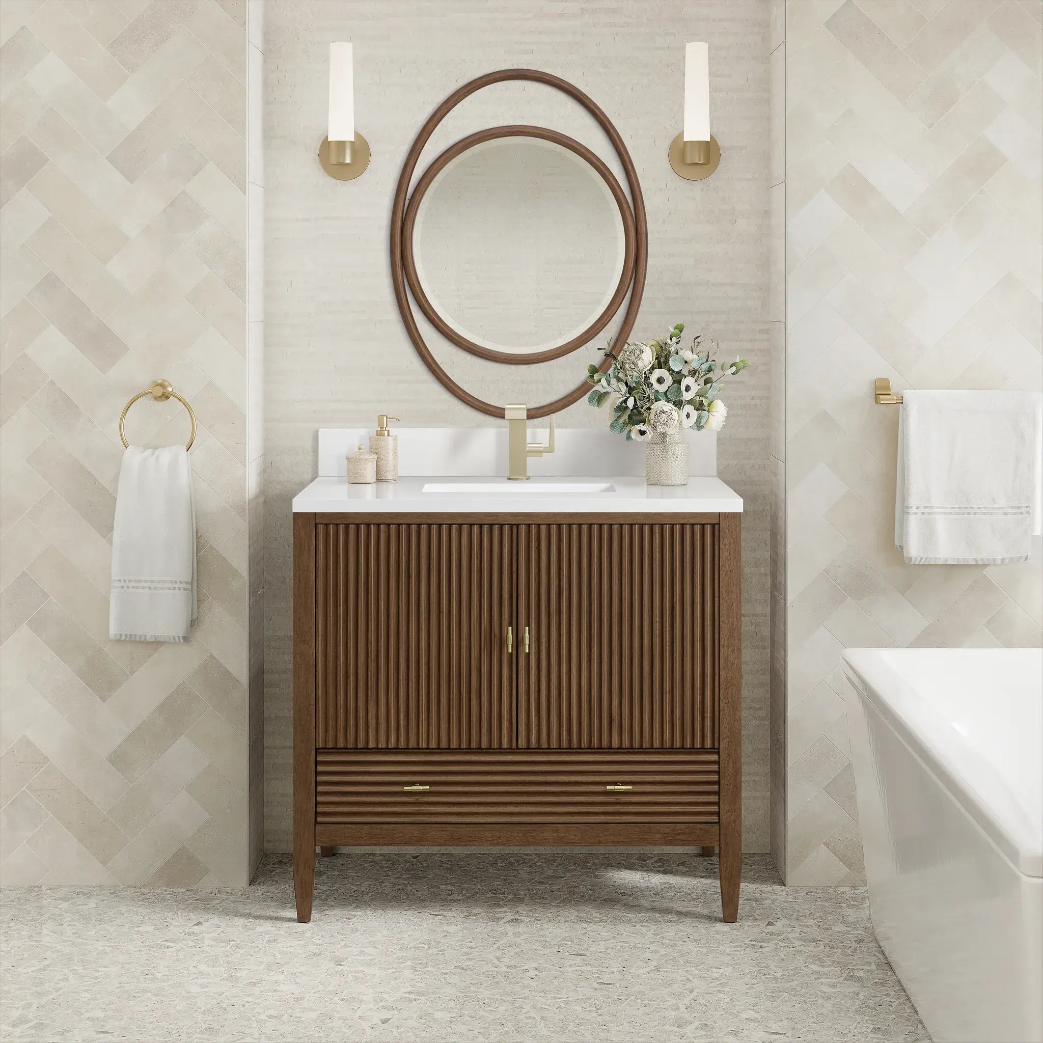 36" Myrrin Vanity in Mid Century Walnut-White Zeus Silestone & Backsplash-Single Hole image 1