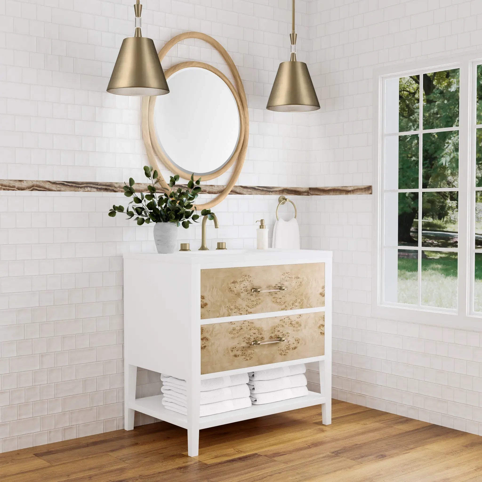 36" Olena Single Vanity in Light Mappa Burl and Polished White-White Zeus Silestone-8" Widespread image 3