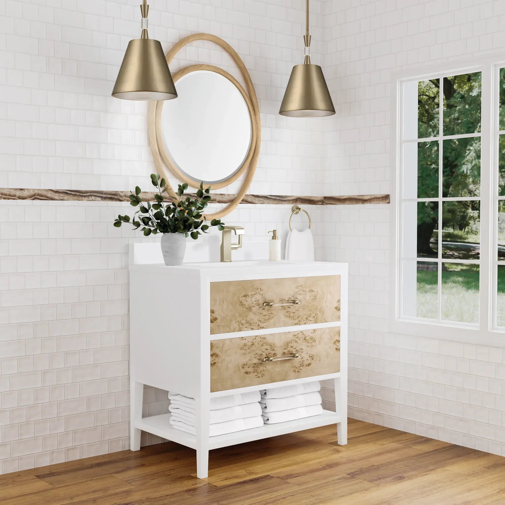 36" Olena Single Vanity in Light Mappa Burl and Polished White-White Zeus Silestone & Backsplash-Single Hole image 3