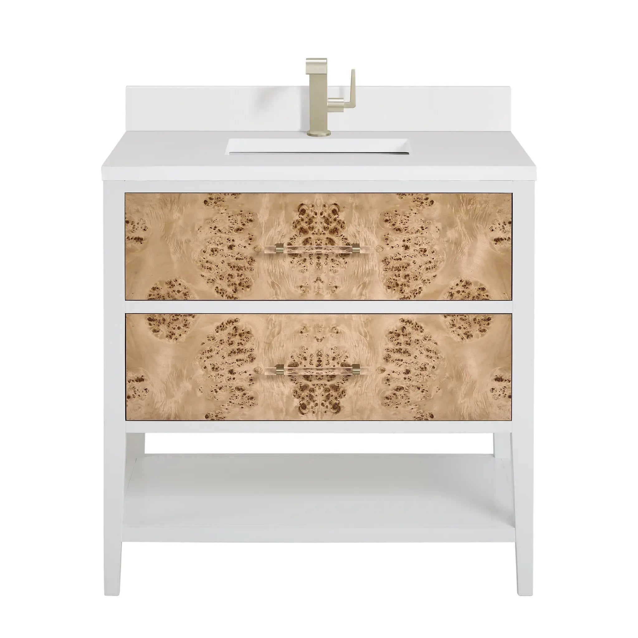 36" Olena Single Vanity in Light Mappa Burl and Polished White-White Zeus Silestone & Backsplash-Single Hole image