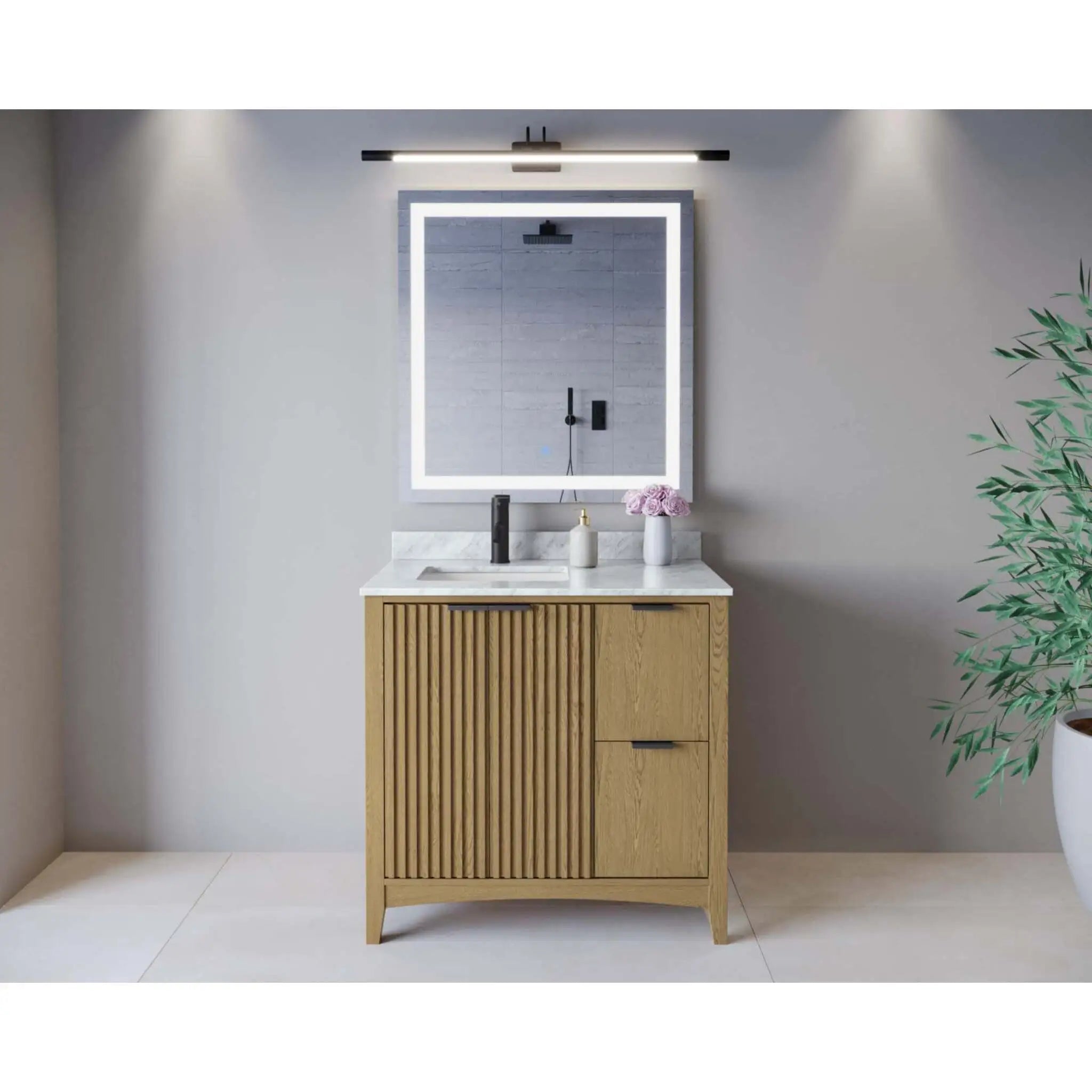 36" Palmilla Single Bathroom Vanity in Natural Oak with Matte Black Trim by Wyndham