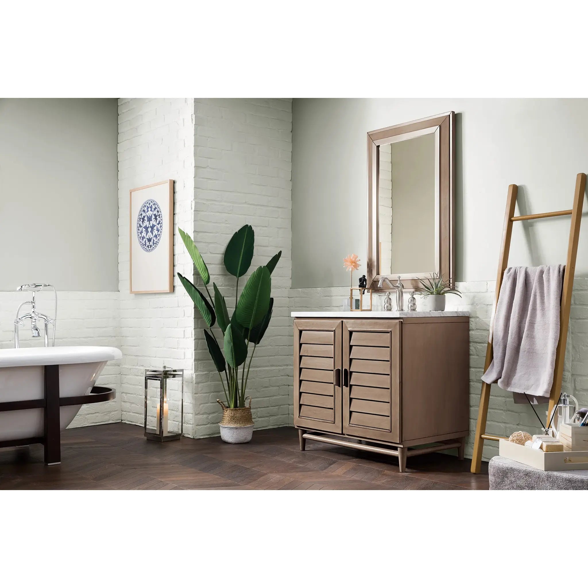 36" Portland Single Vanity in Whitewashed Walnut-Carrara White Marble-8" Widespread image 2