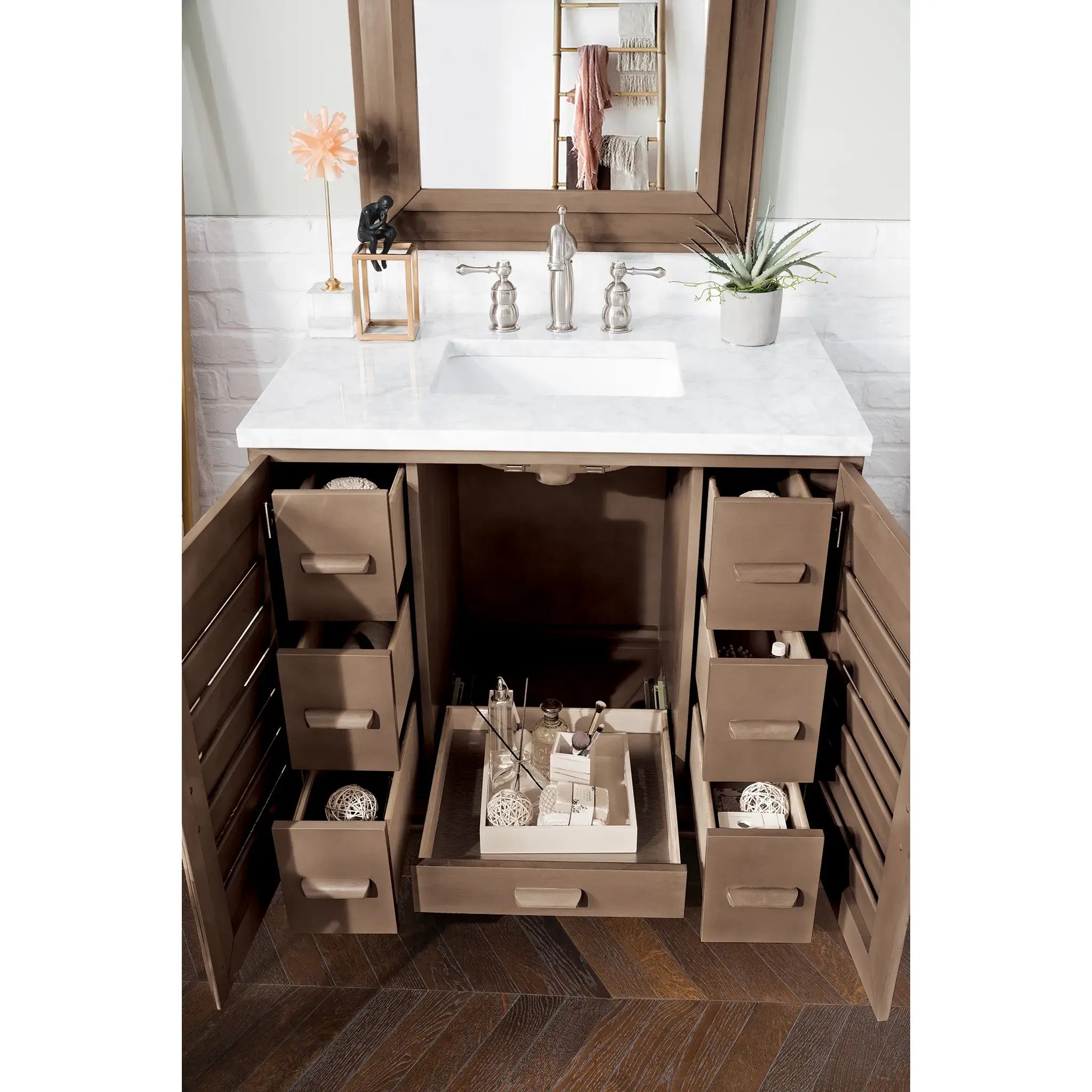 36" Portland Single Vanity in Whitewashed Walnut-Carrara White Marble-8" Widespread image 3