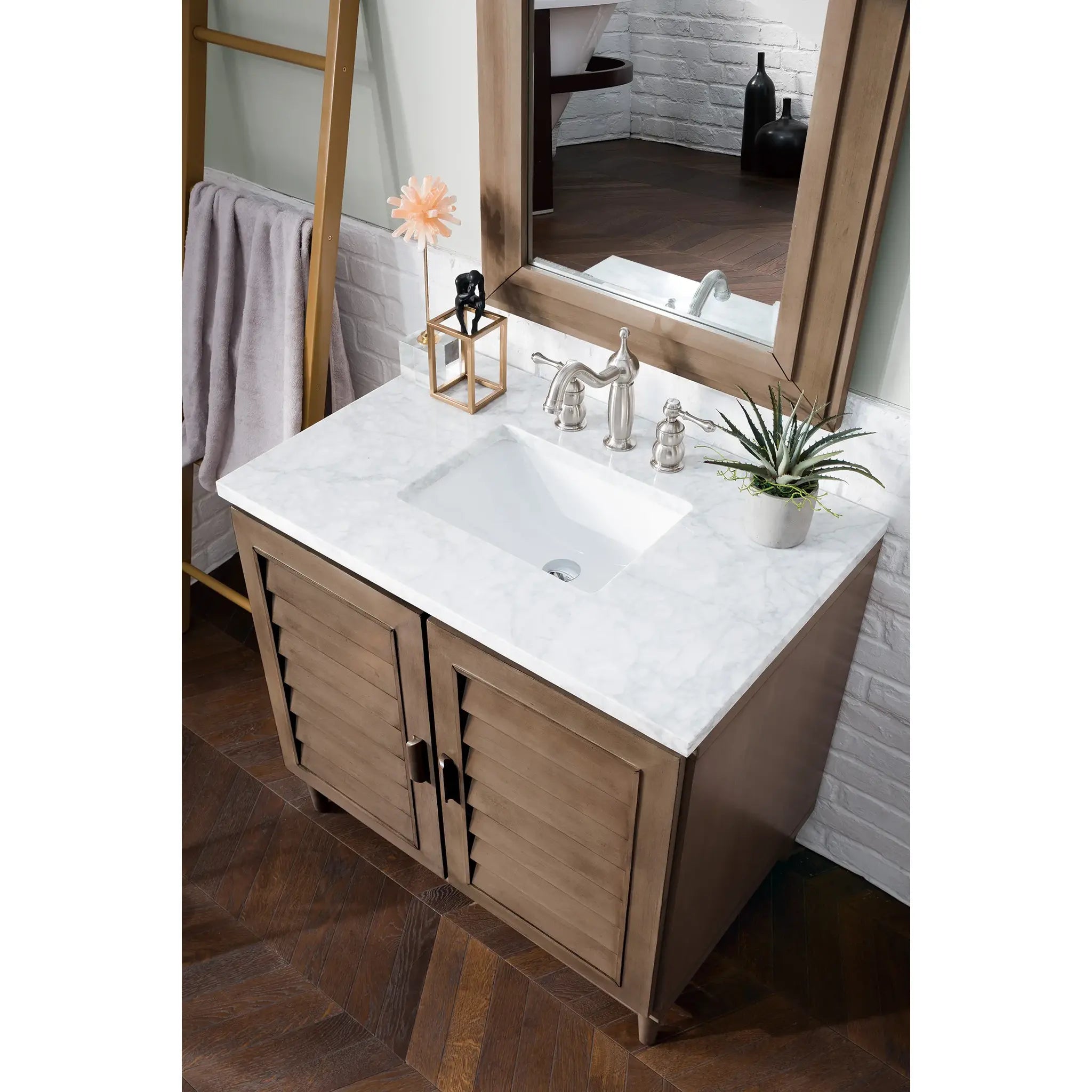 36" Portland Single Vanity in Whitewashed Walnut-Carrara White Marble-8" Widespread image 4