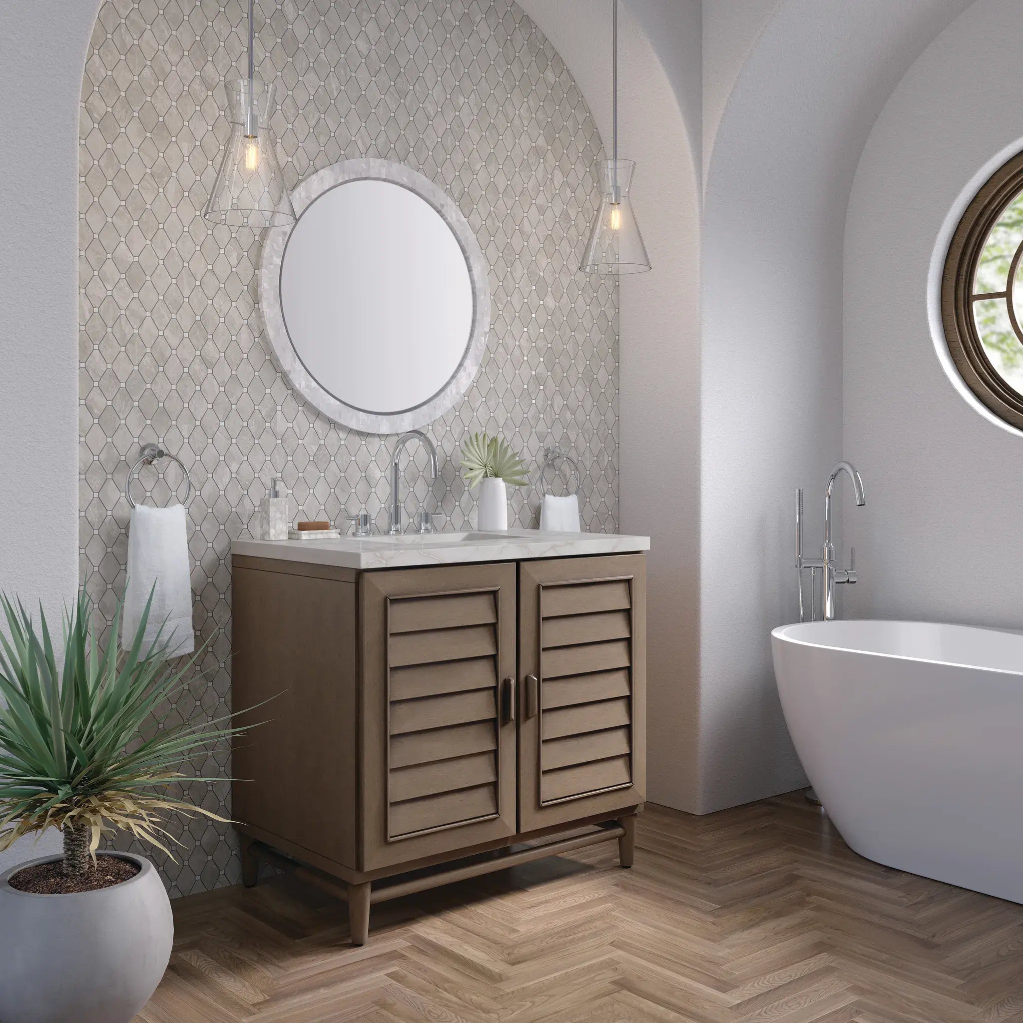 36" Portland Single Vanity in Whitewashed Walnut-Victorian Silver Silestone-8" Widespread image 2