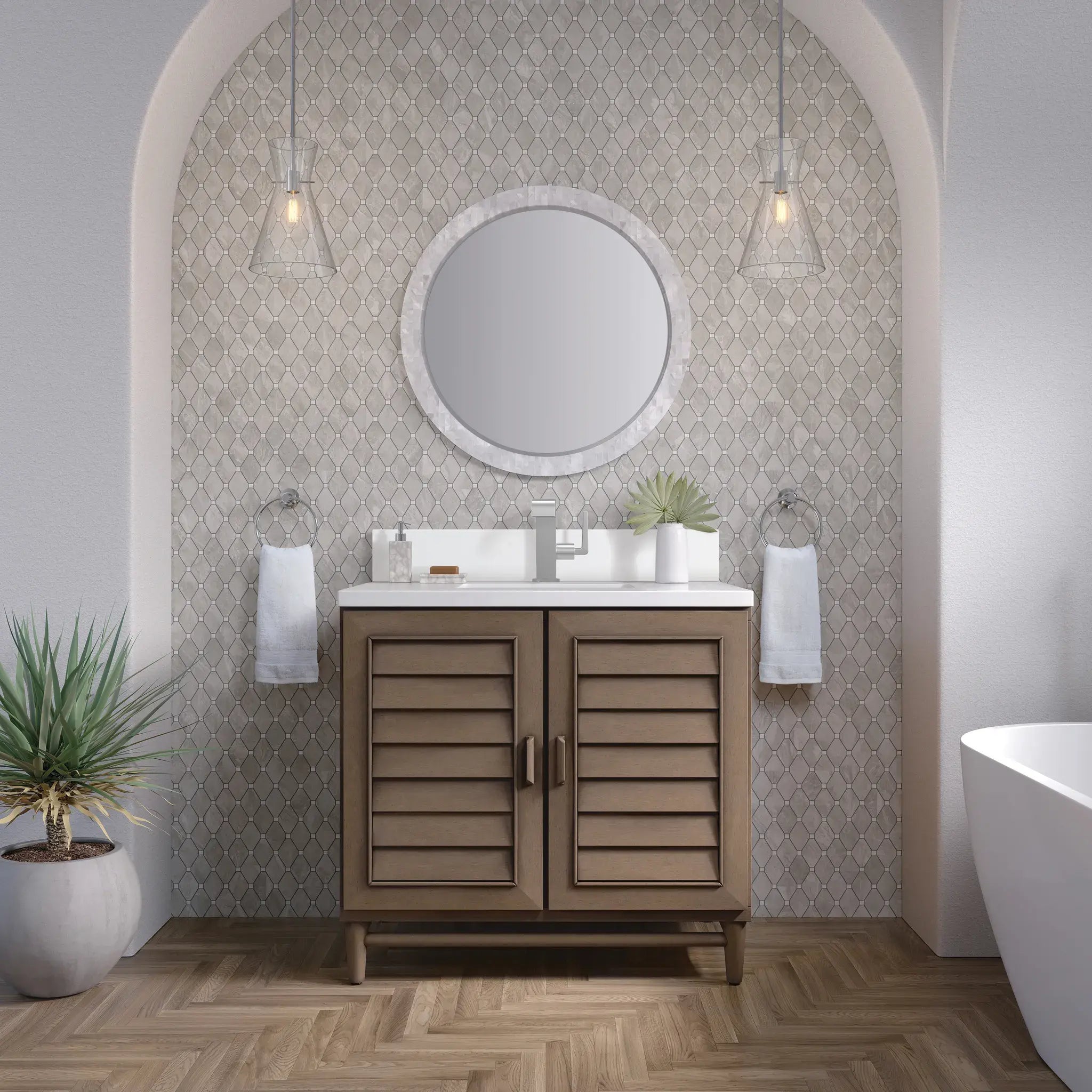 36" Portland Single Vanity in Whitewashed Walnut-White Zeus Silestone & Backsplash-Single Hole image 1
