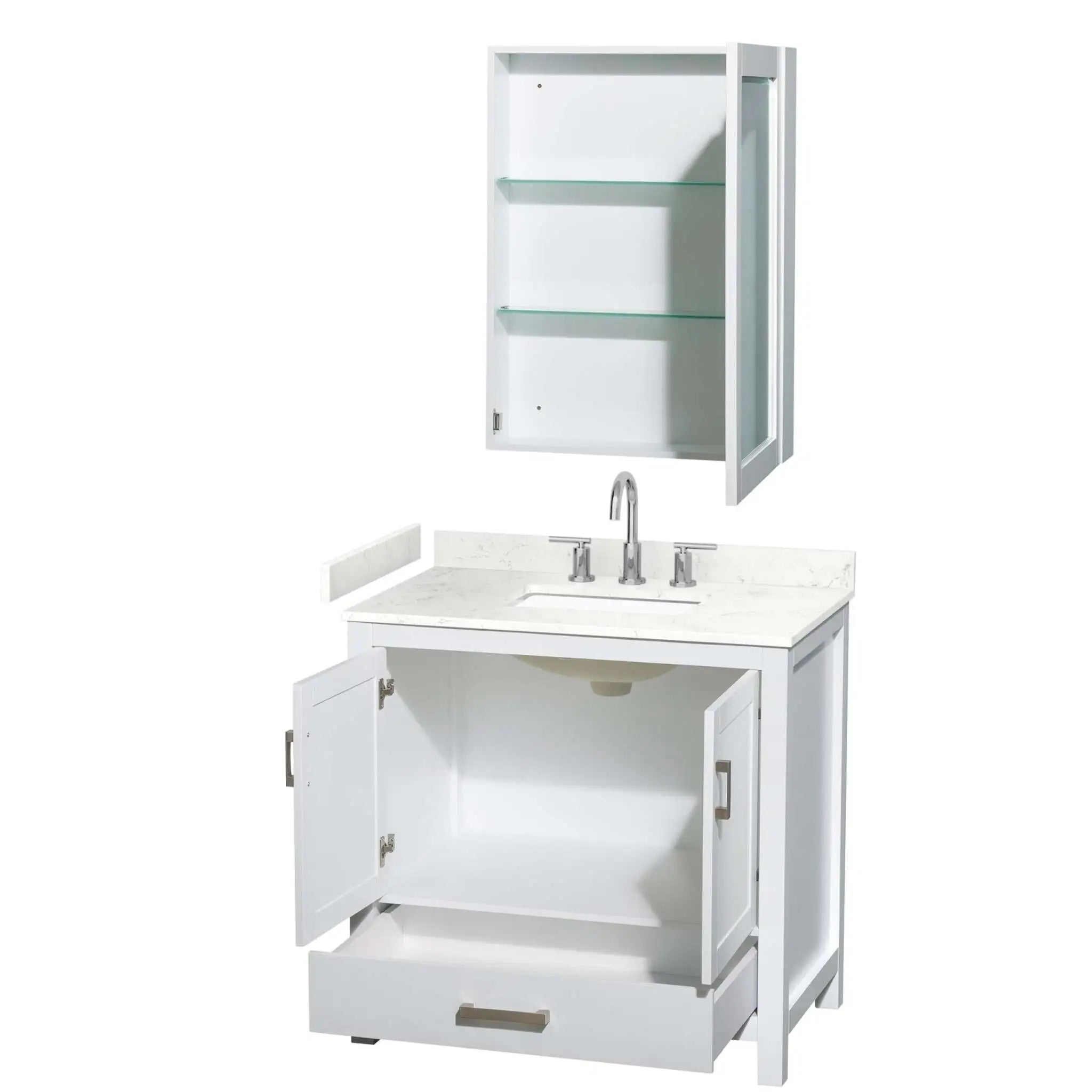 36" Sheffield Single Bathroom Vanity in White with Brushed Chrome Trim & Medicine Cabinet by Wyndham