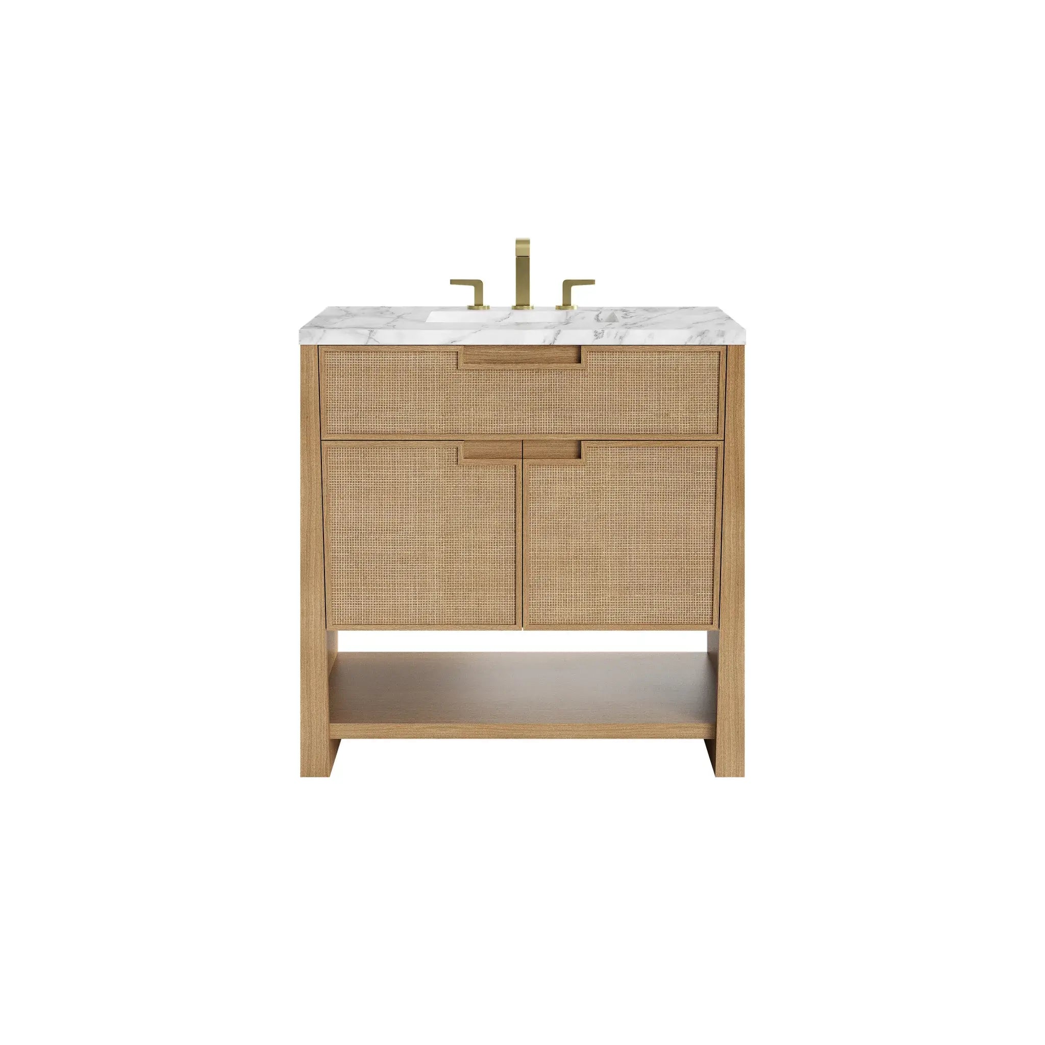 36" Solene Single Vanity in Seaside Oak-Carrara White Marble-8" Widespread image