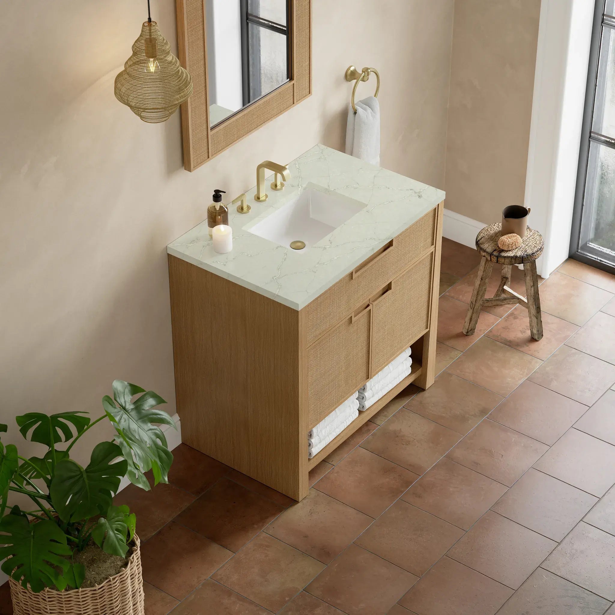 36" Solene Single Vanity in Seaside Oak-Victorian Silver Silestone-8" Widespread image 6