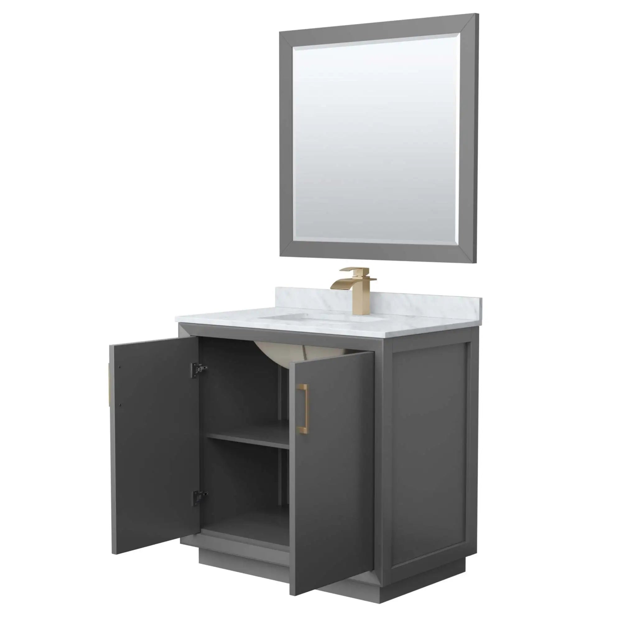 36" Strada Single Bathroom Vanity in Dark Gray with Satin Bronze Trim & 34" Mirror by Wyndham