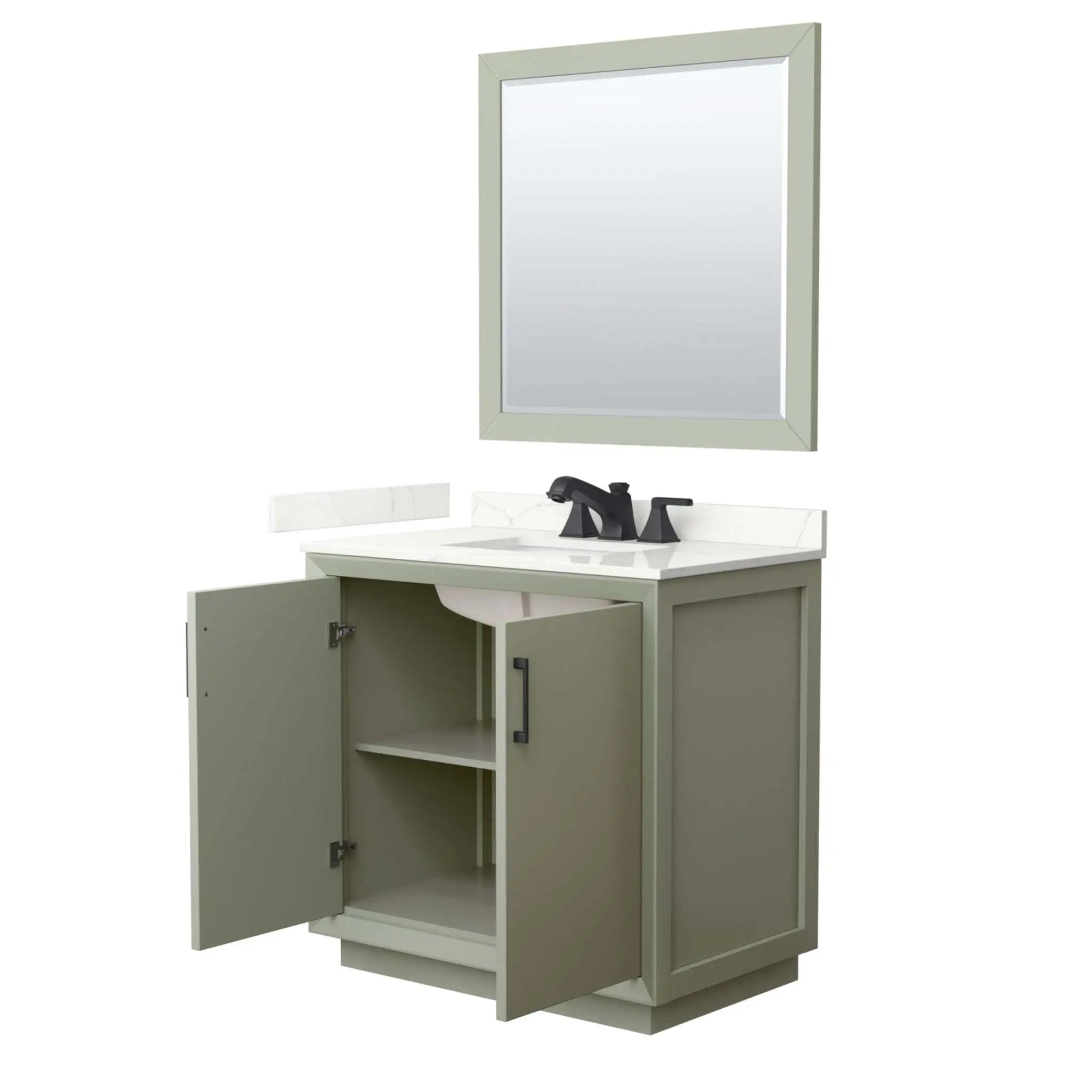 36" Strada Single Bathroom Vanity in Light Green with Matte Black Trim & 34" Mirror by Wyndham