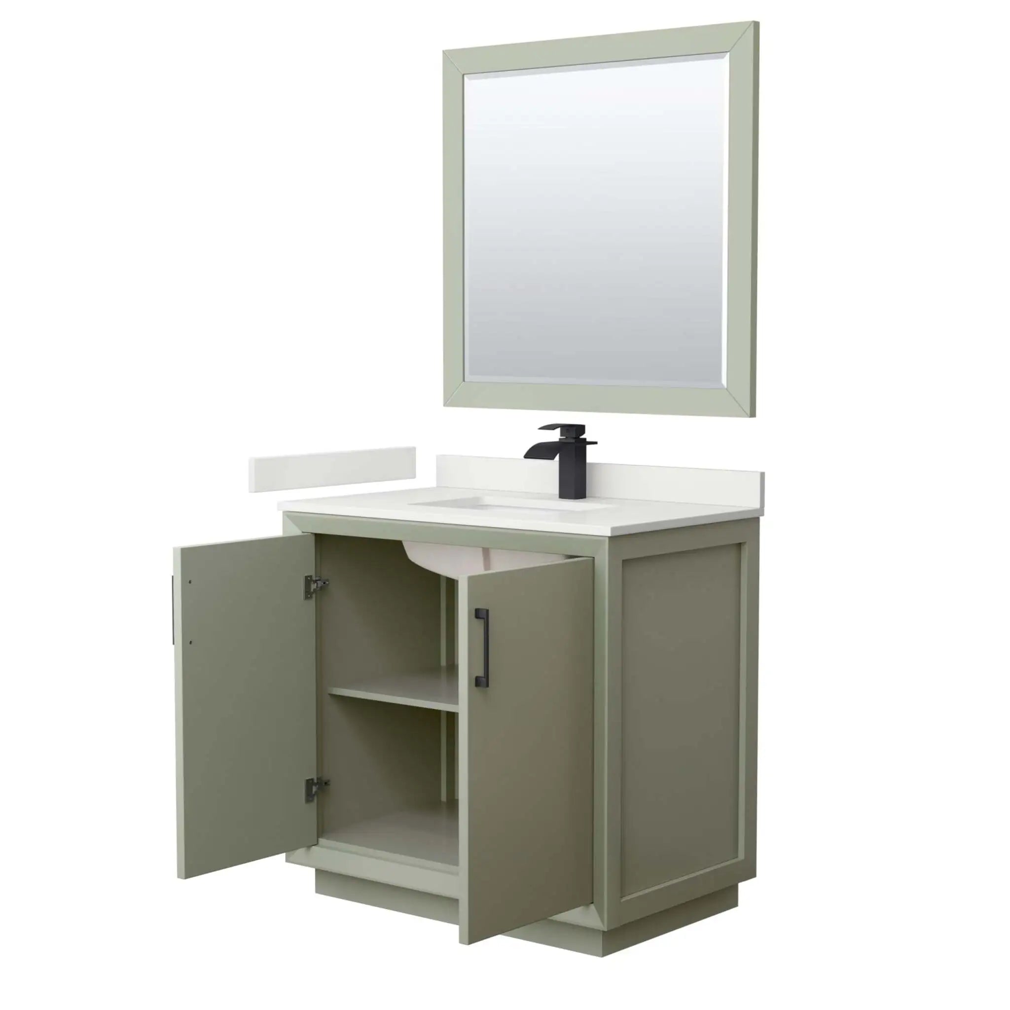 36" Strada Single Bathroom Vanity in Light Green with Matte Black Trim & 34" Mirror by Wyndham