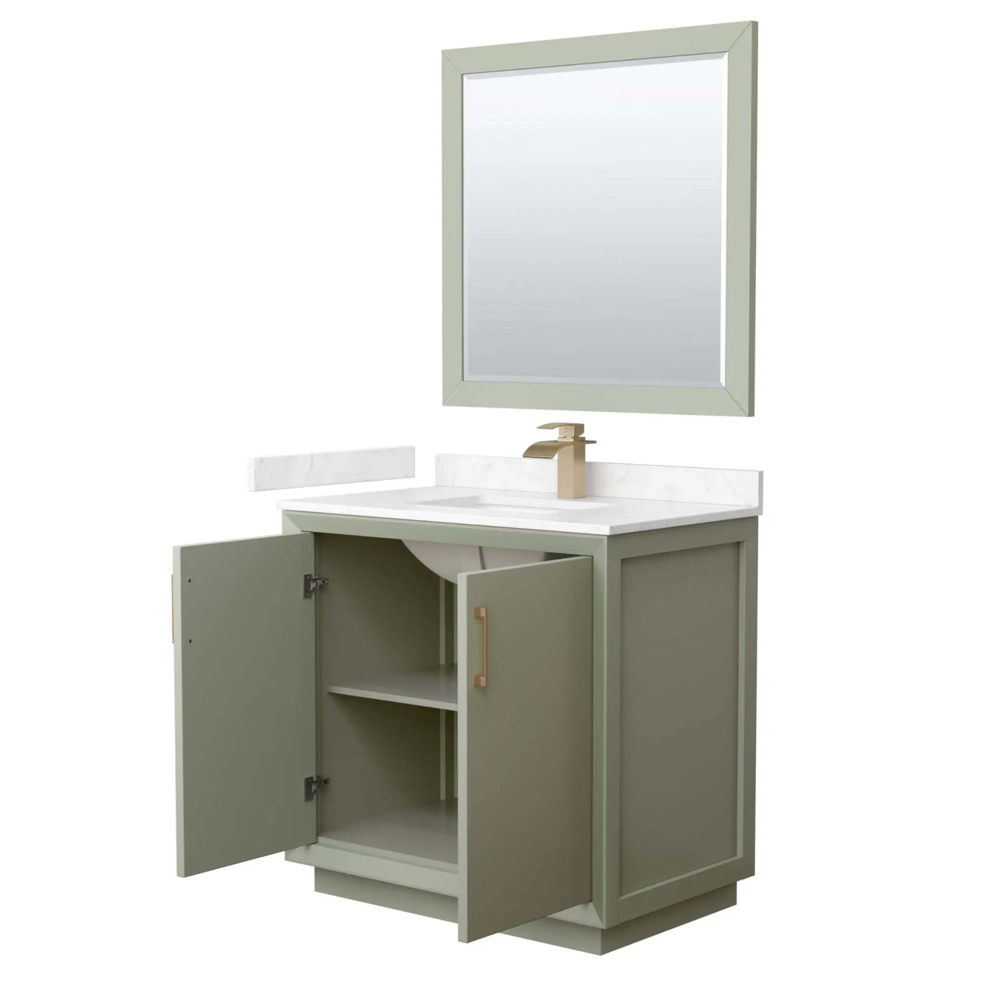 36" Strada Single Bathroom Vanity in Light Green with Satin Bronze Trim & 34" Mirror by Wyndham