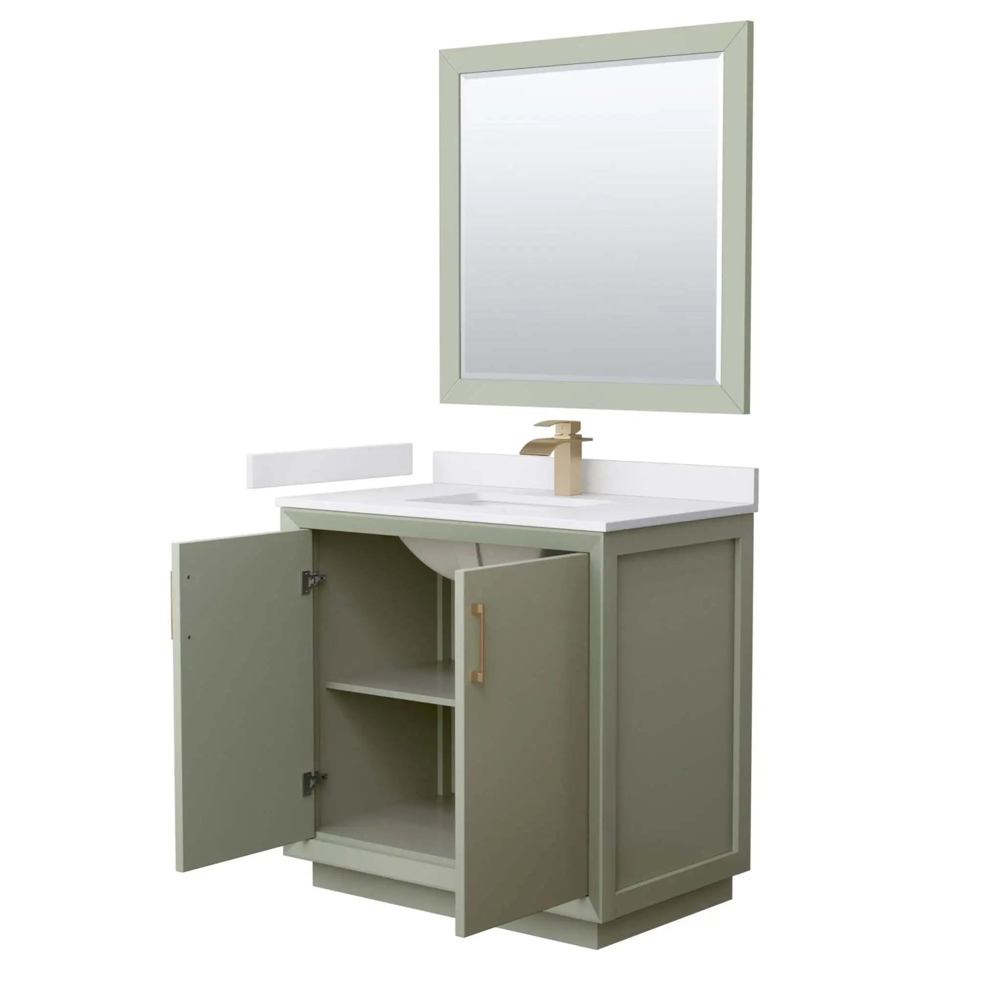 36" Strada Single Bathroom Vanity in Light Green with Satin Bronze Trim & 34" Mirror by Wyndham