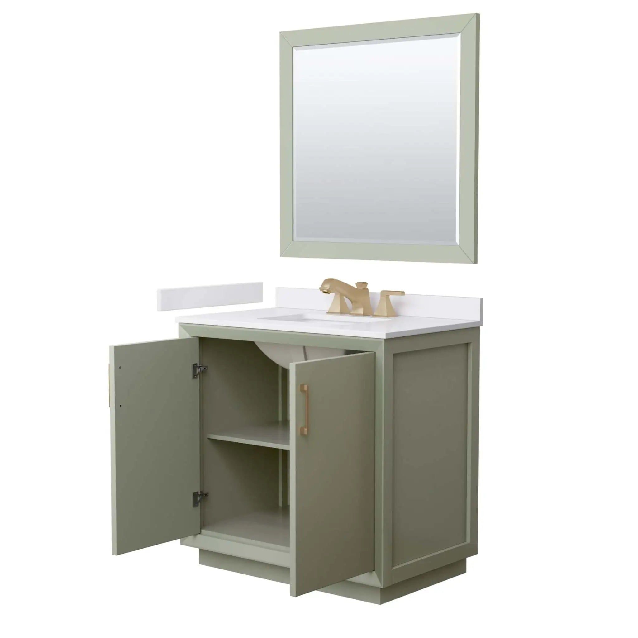 36" Strada Single Bathroom Vanity in Light Green with Satin Bronze Trim & 34" Mirror by Wyndham