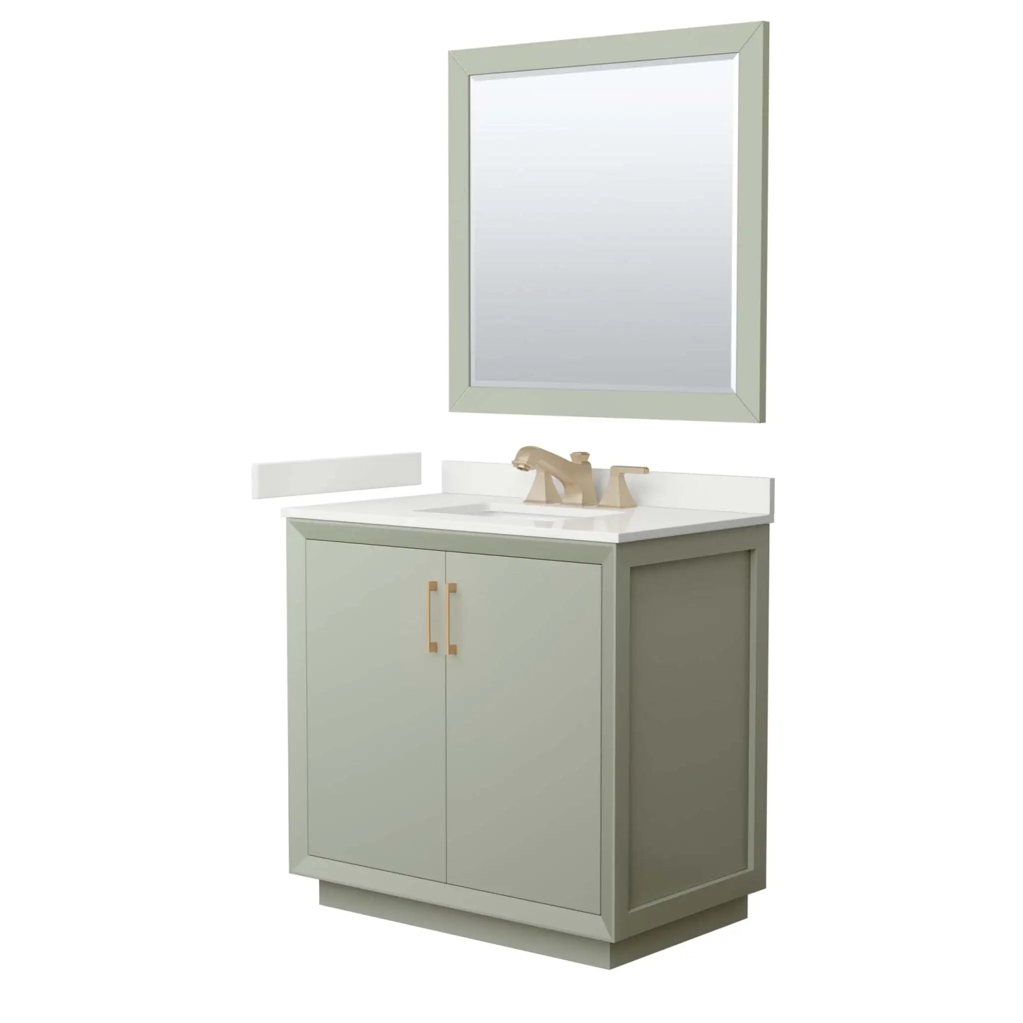 36" Strada Single Bathroom Vanity in Light Green with Satin Bronze Trim & 34" Mirror by Wyndham