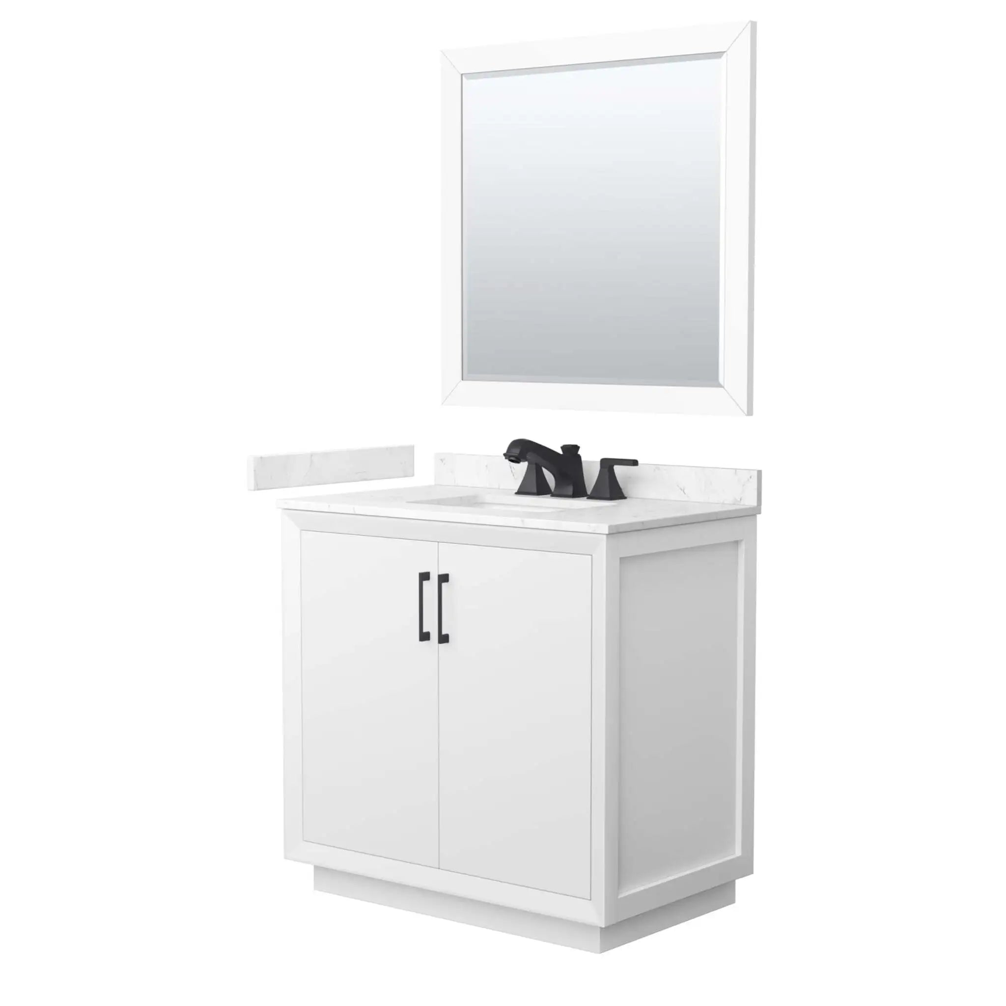 36" Strada Single Bathroom Vanity in White with Matte Black Trim & 34" Mirror by Wyndham
