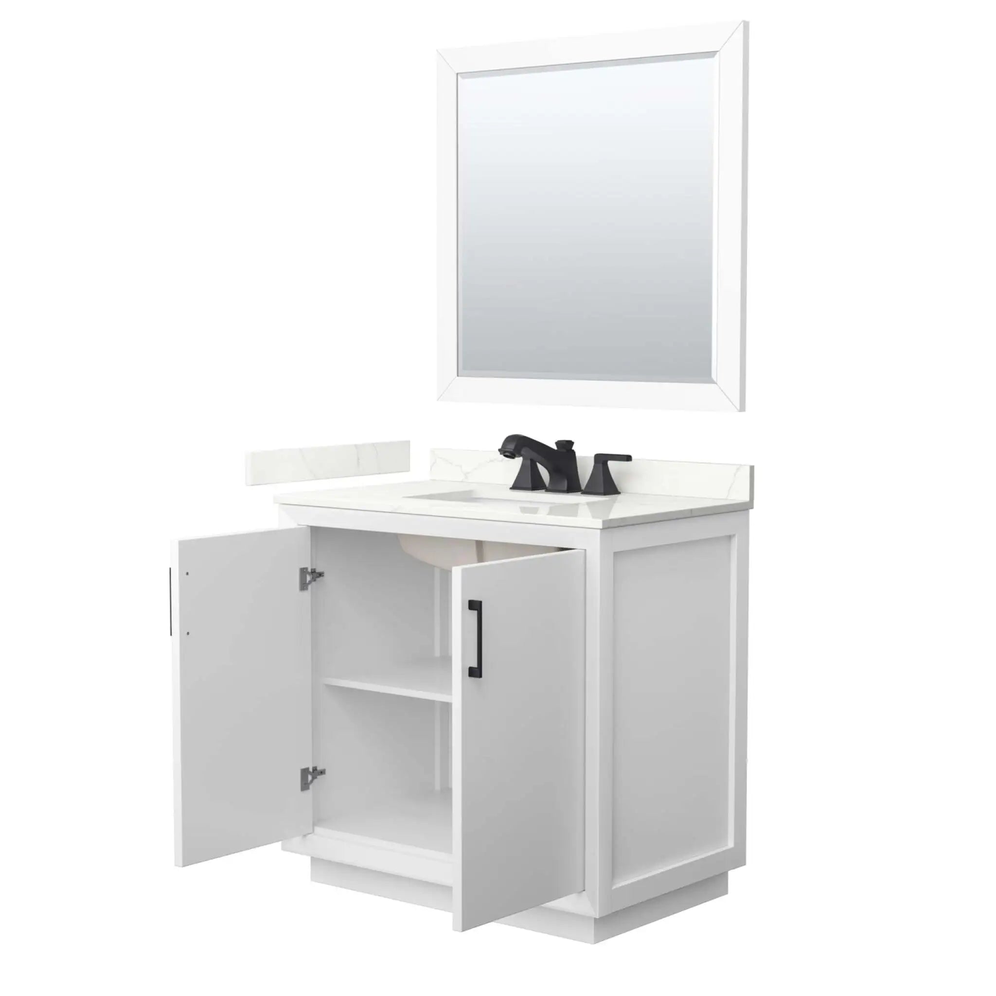 36" Strada Single Bathroom Vanity in White with Matte Black Trim & 34" Mirror by Wyndham