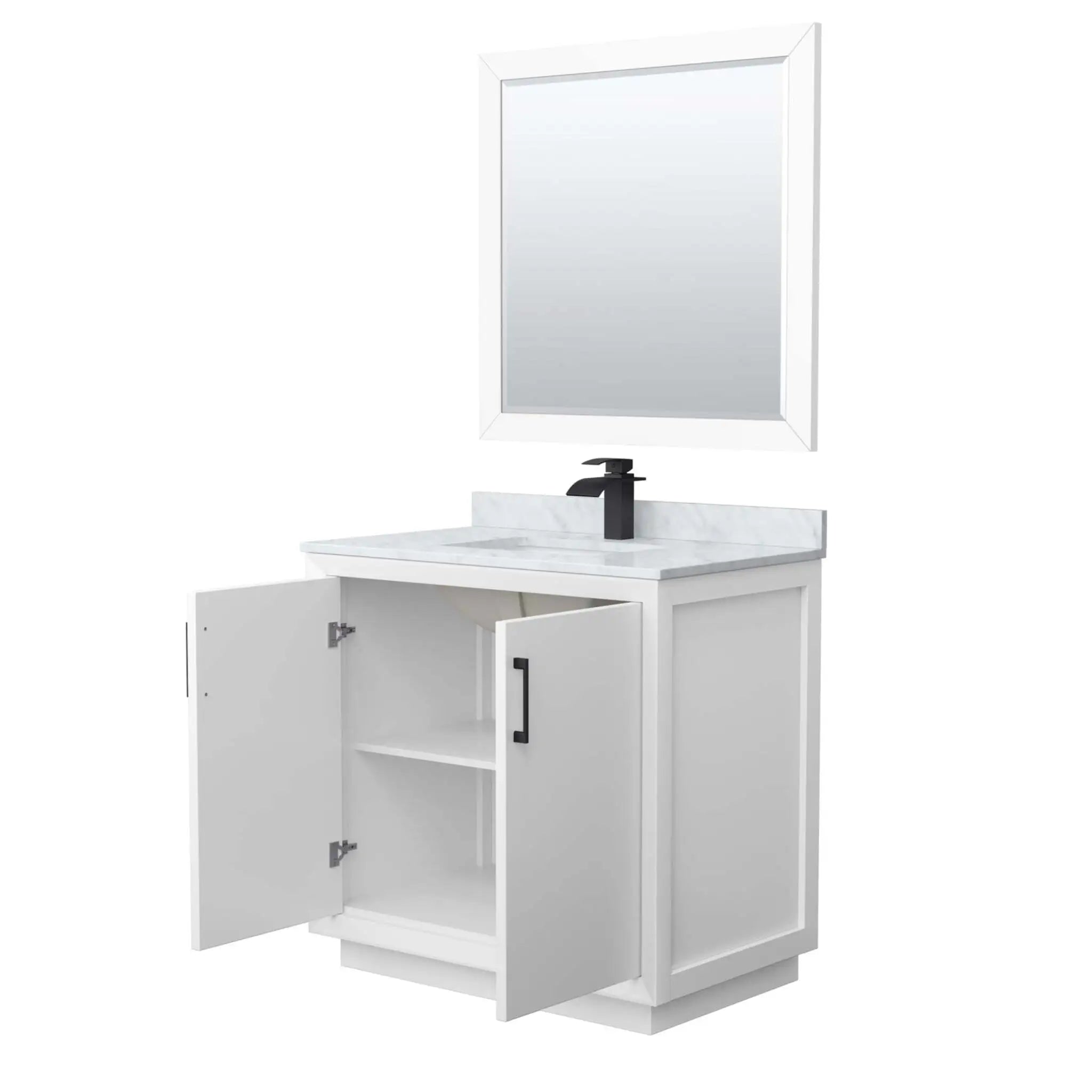 36" Strada Single Bathroom Vanity in White with Matte Black Trim & 34" Mirror by Wyndham