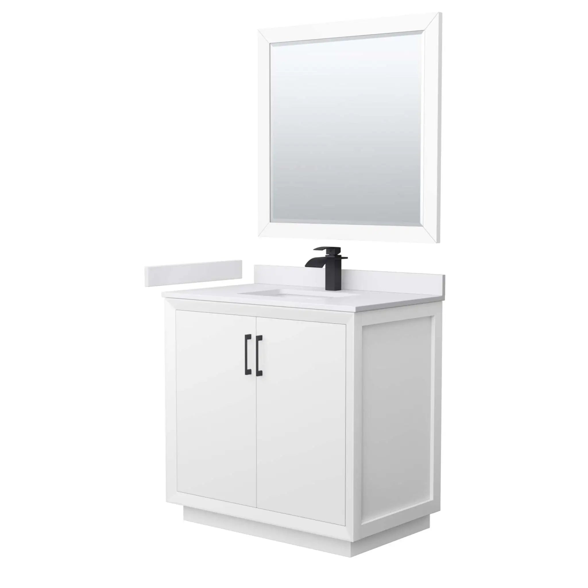 36" Strada Single Bathroom Vanity in White with Matte Black Trim & 34" Mirror by Wyndham
