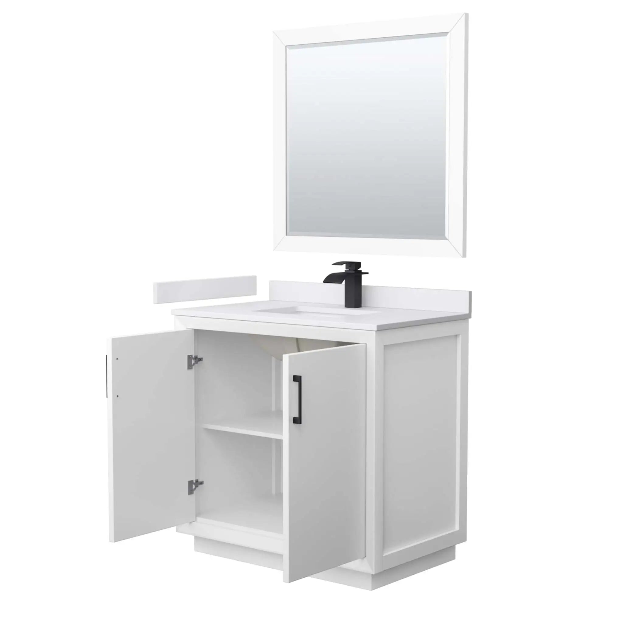36" Strada Single Bathroom Vanity in White with Matte Black Trim & 34" Mirror by Wyndham