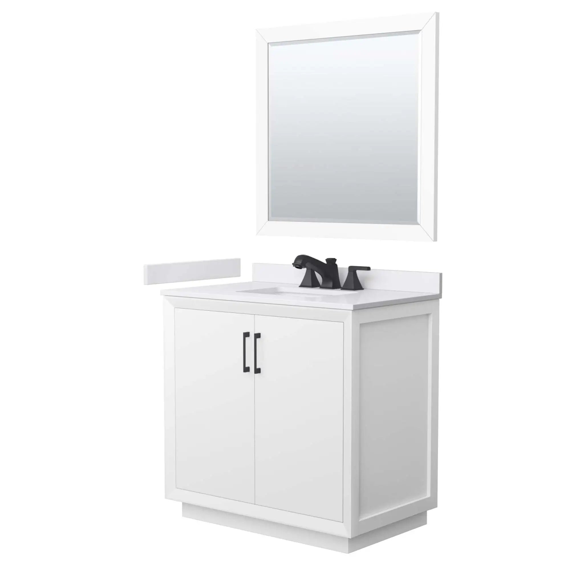 36" Strada Single Bathroom Vanity in White with Matte Black Trim & 34" Mirror by Wyndham