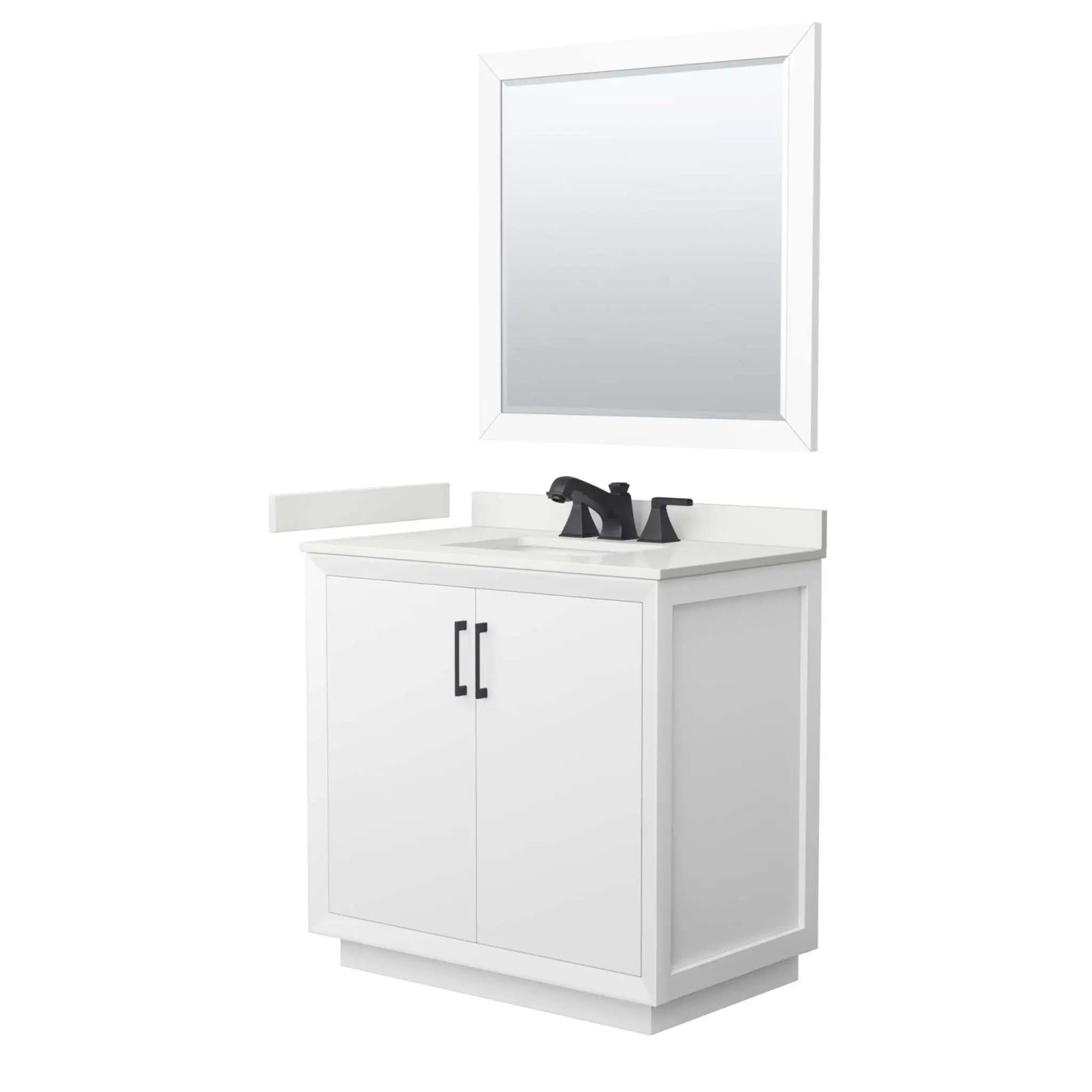 36" Strada Single Bathroom Vanity in White with Matte Black Trim & 34" Mirror by Wyndham