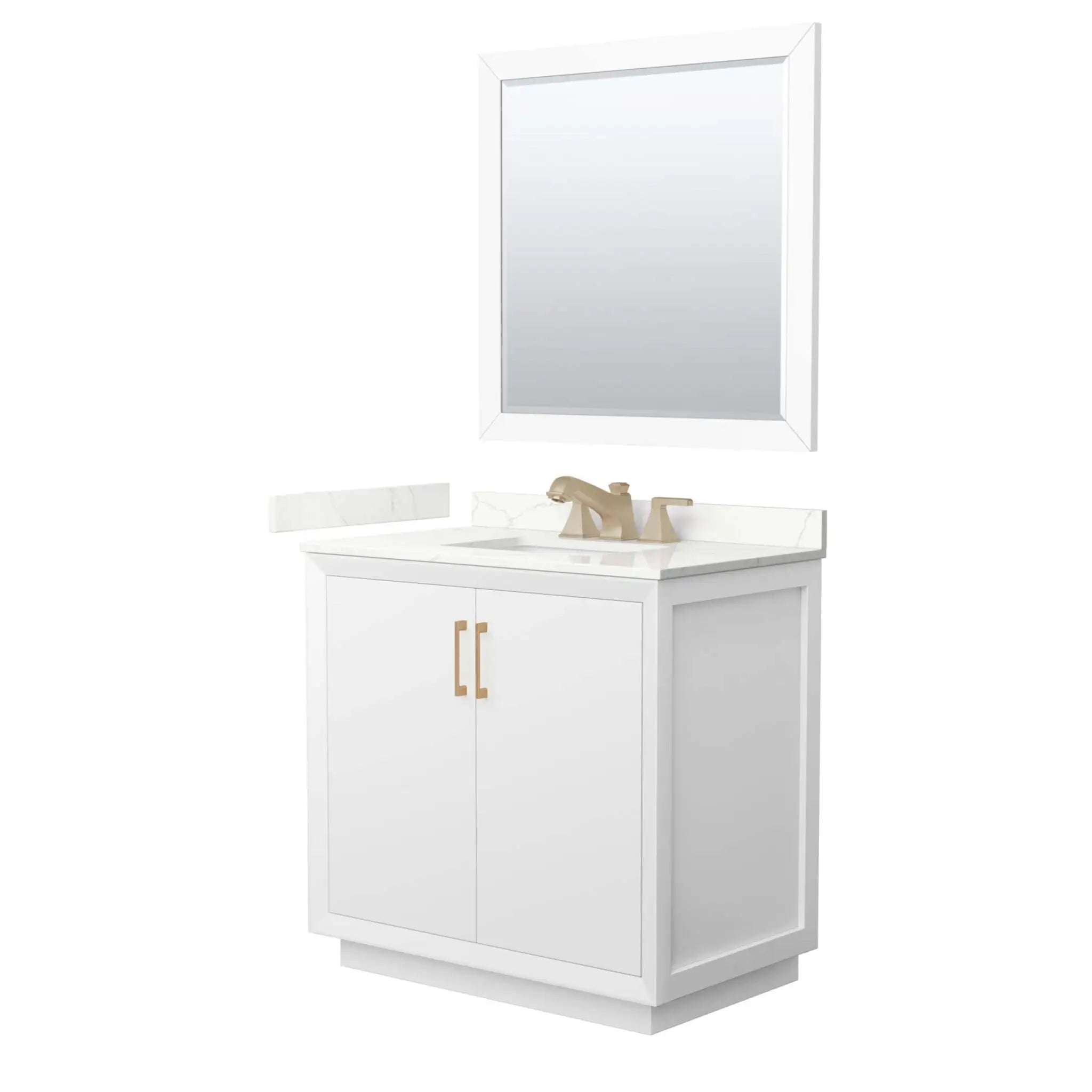 36" Strada Single Bathroom Vanity in White with Satin Bronze Trim & 34" Mirror by Wyndham