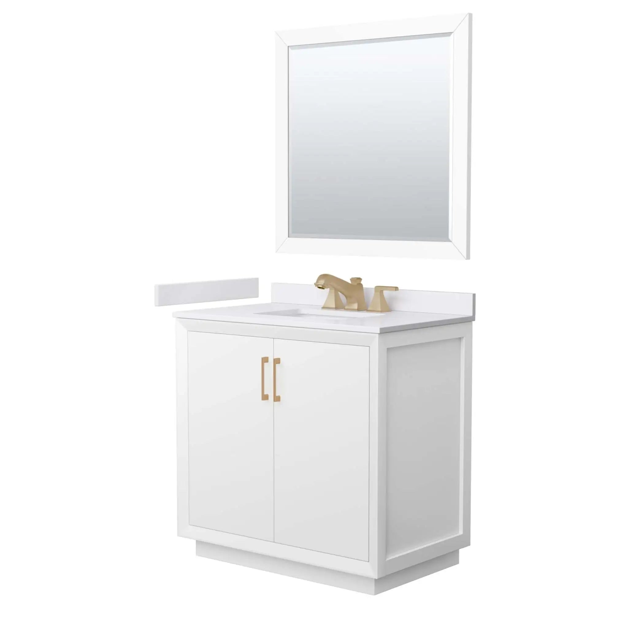 36" Strada Single Bathroom Vanity in White with Satin Bronze Trim & 34" Mirror by Wyndham