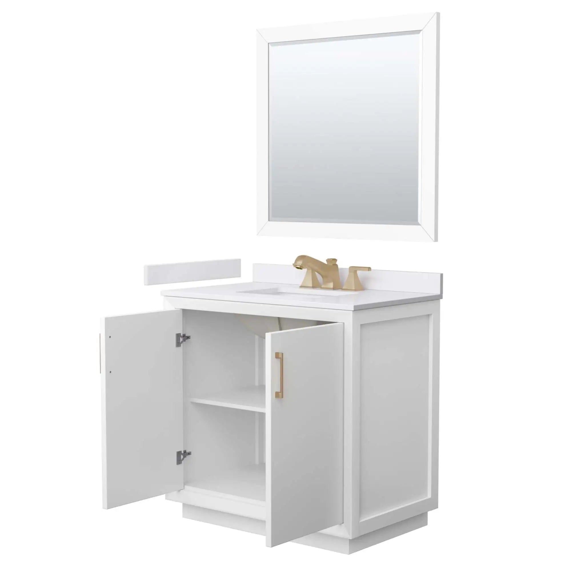 36" Strada Single Bathroom Vanity in White with Satin Bronze Trim & 34" Mirror by Wyndham