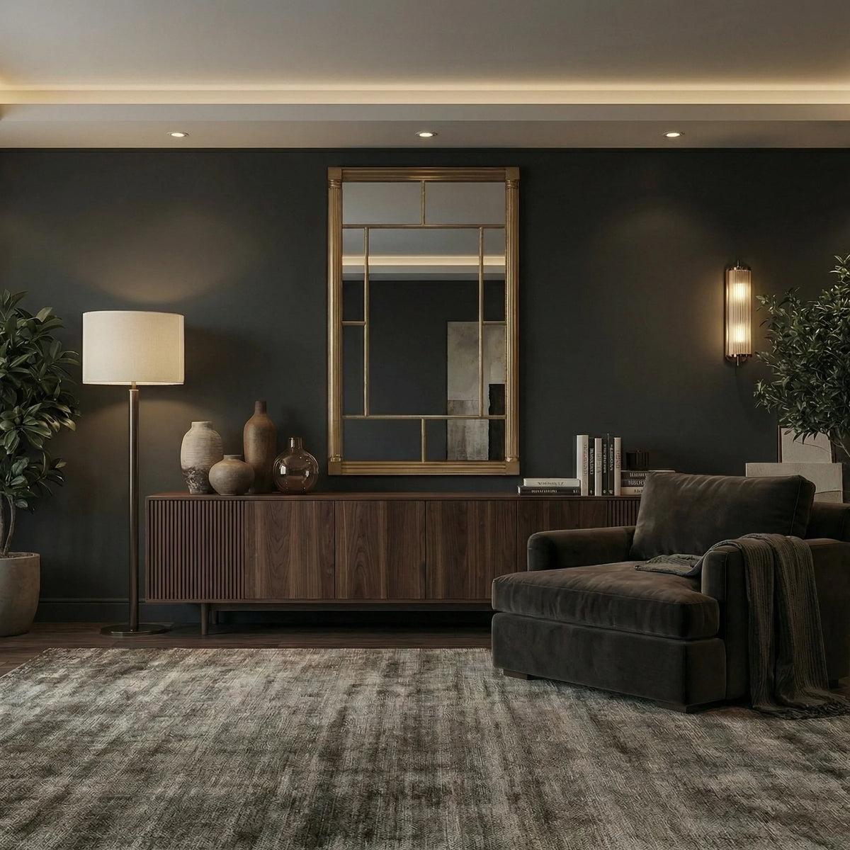 Ambella Home 36 Rochelle Pier Mirror in vermeil, inspired by French antique pier mirrors, with fluted columns, antique mirror panels, and clear center glass above a walnut credenza