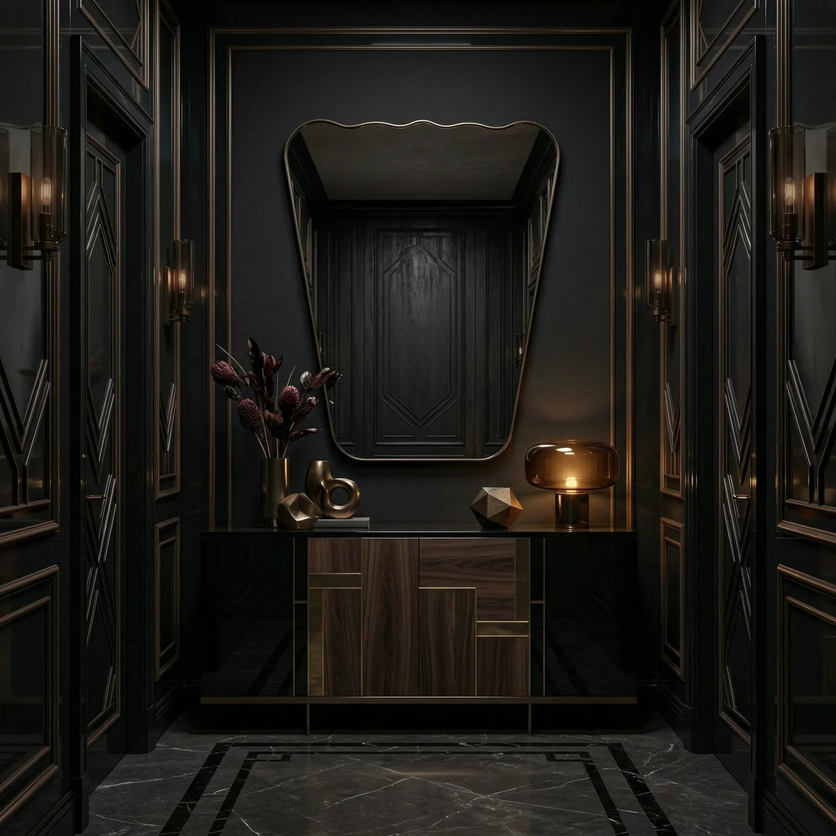 38 Wavy Mirror - Antiqued Brass by Ambella Home in a sophisticated black-paneled foyer above a geometric console, highlighting its elegant wavy crown, elongated trapezoid form, and slender antiqued brass surround
