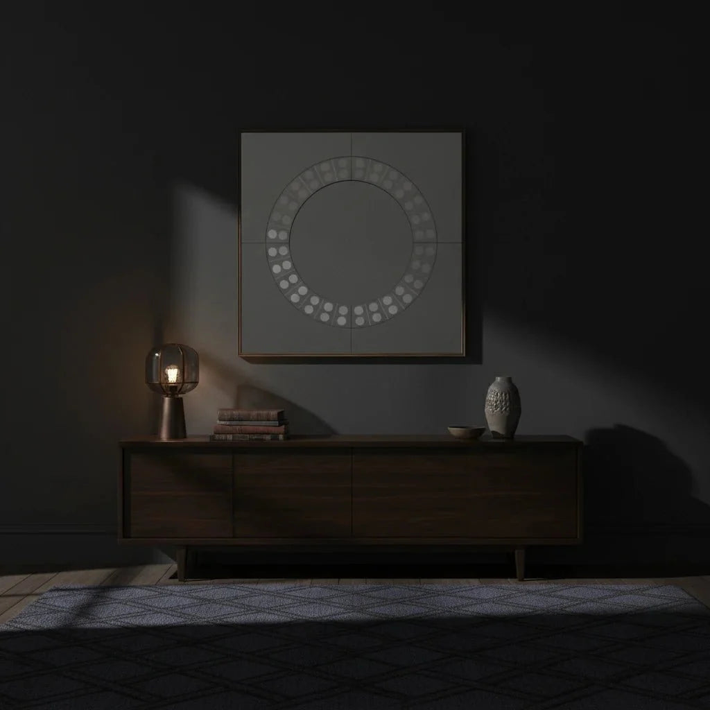 Dark room with a wooden console table, decorative items, and a wall art piece.