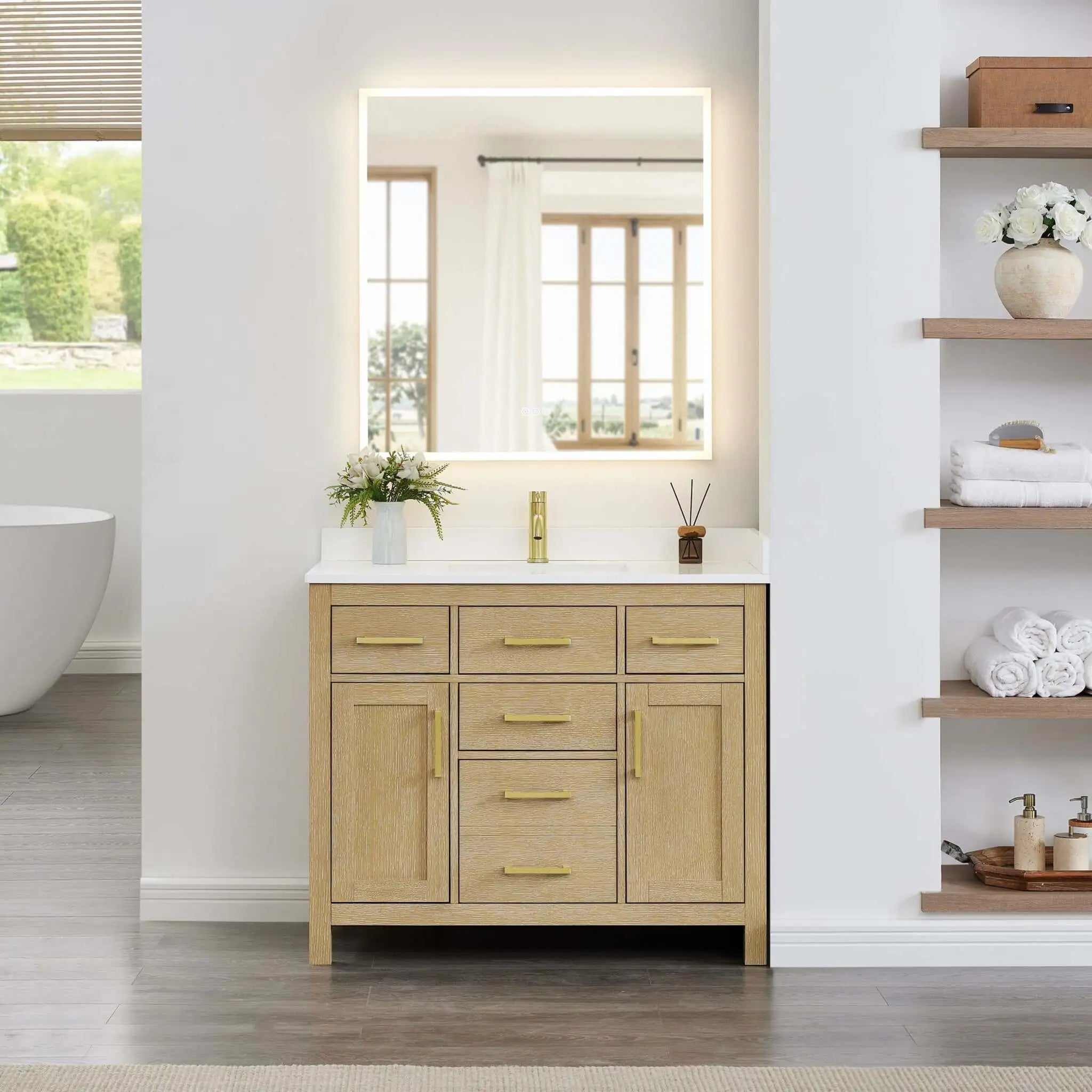 42" Beckett Single Bathroom Vanity in Whitewashed Oak with Brushed Gold Trim by Wyndham